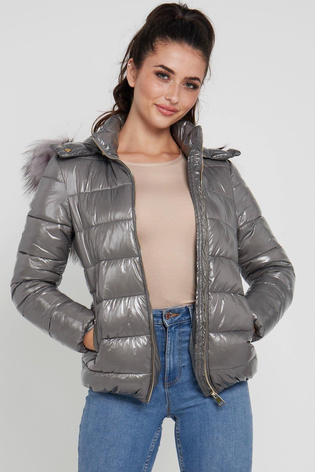 Elastic Waist Shiny Puffer Jacket Faux Fur on Hood
