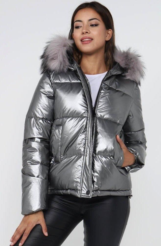 Metalic Puffer Jacket Faux Fur on Hood