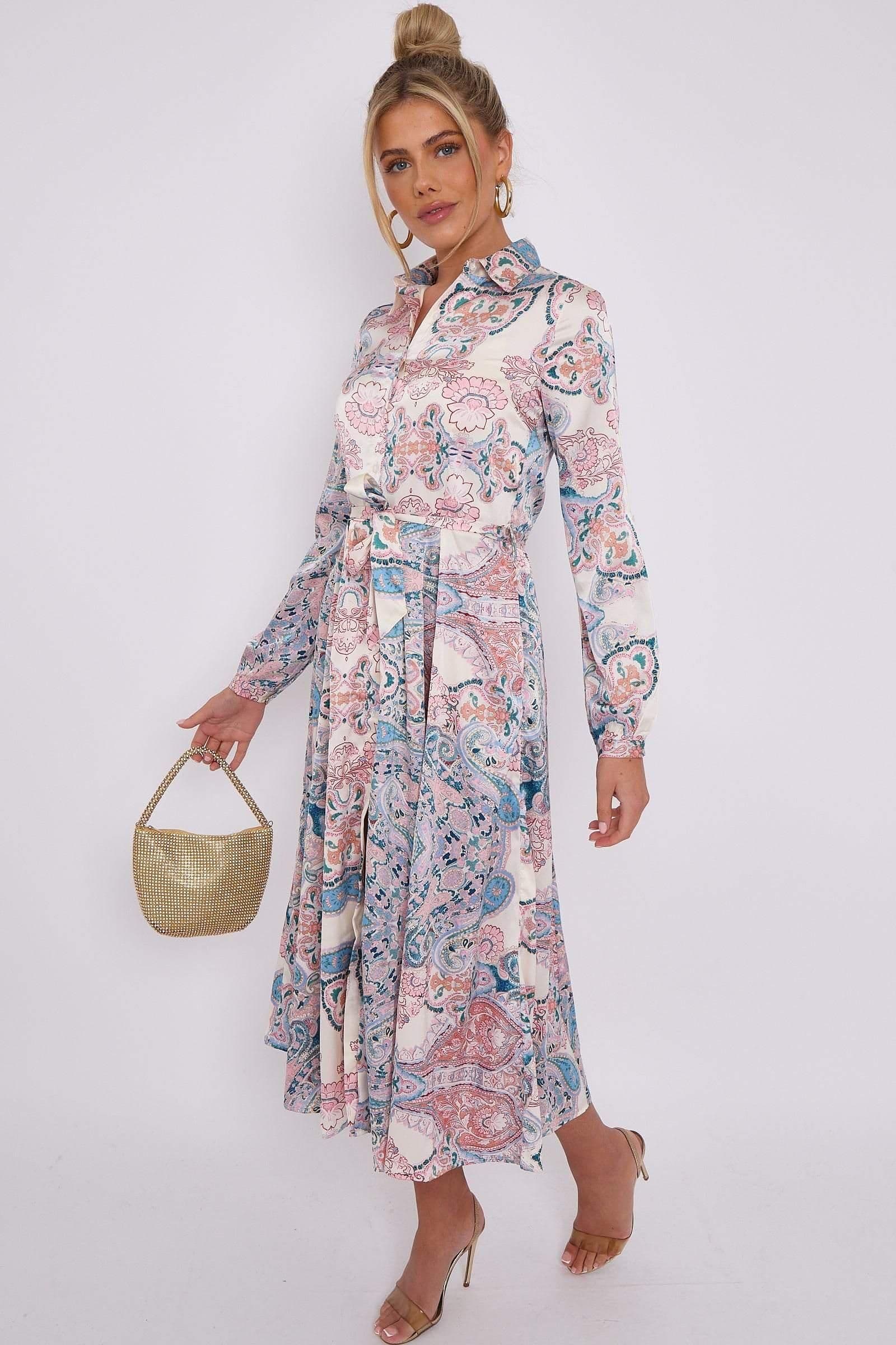 Mixed Paisley Print Silky Midaxi Shirt Dress