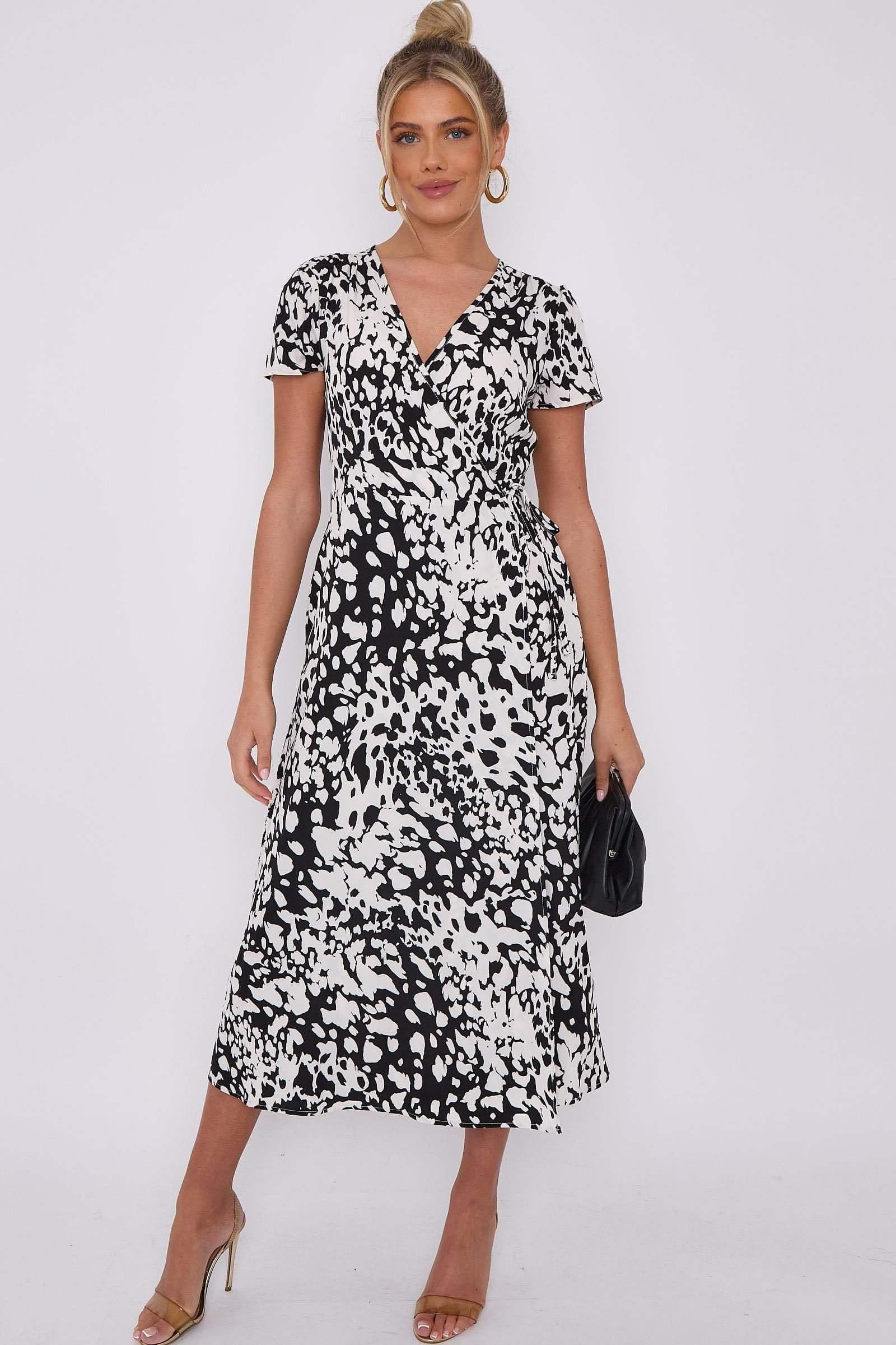 Mono Leopard Print Wrapped Midi Dress