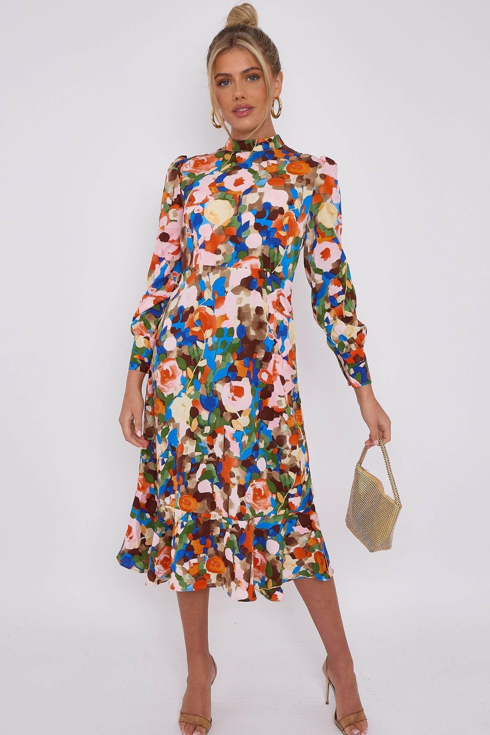 Pastel Floral Print Frilled Hem Midi Dress