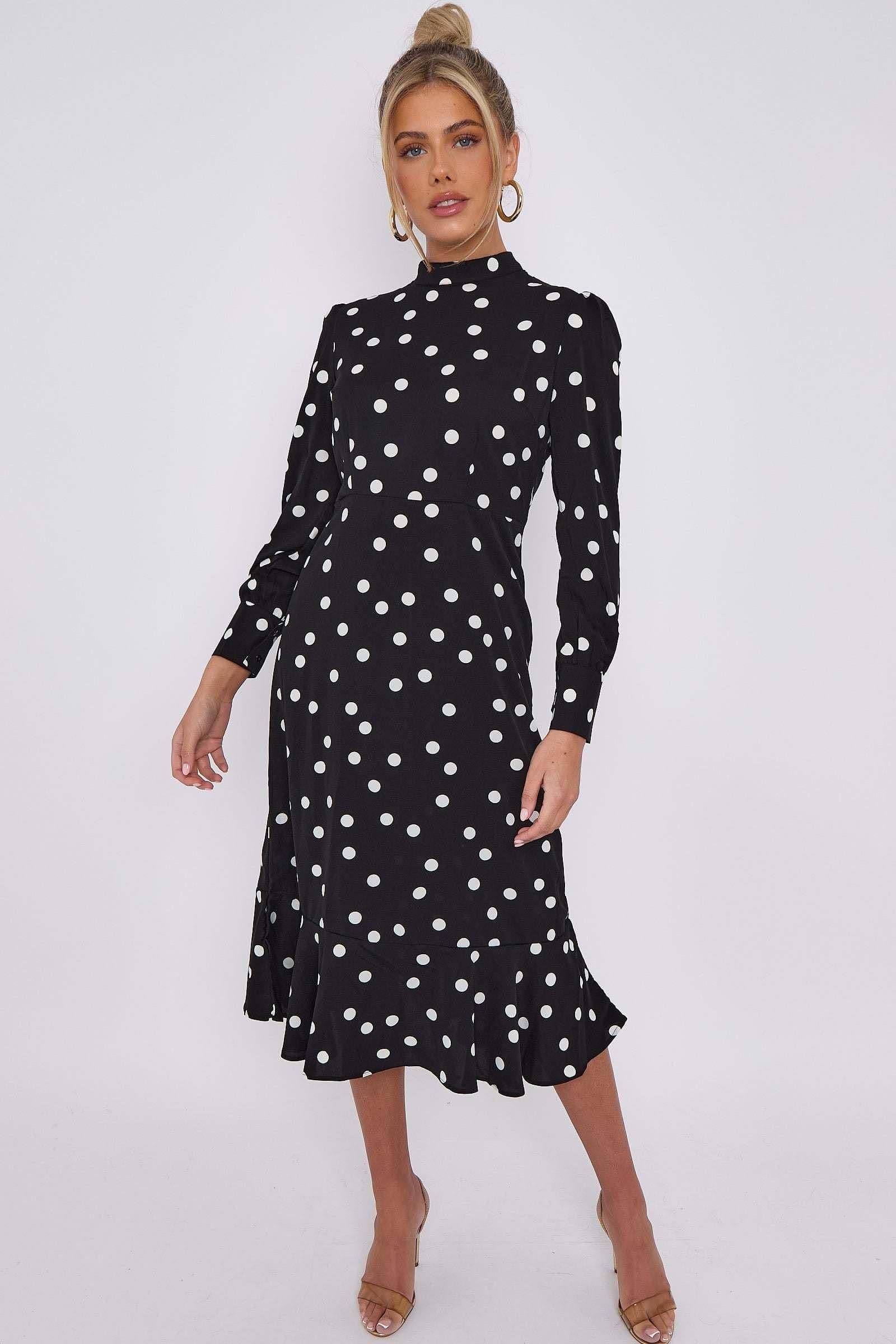 Polka Dot Print Frilled Hem Midi Dress