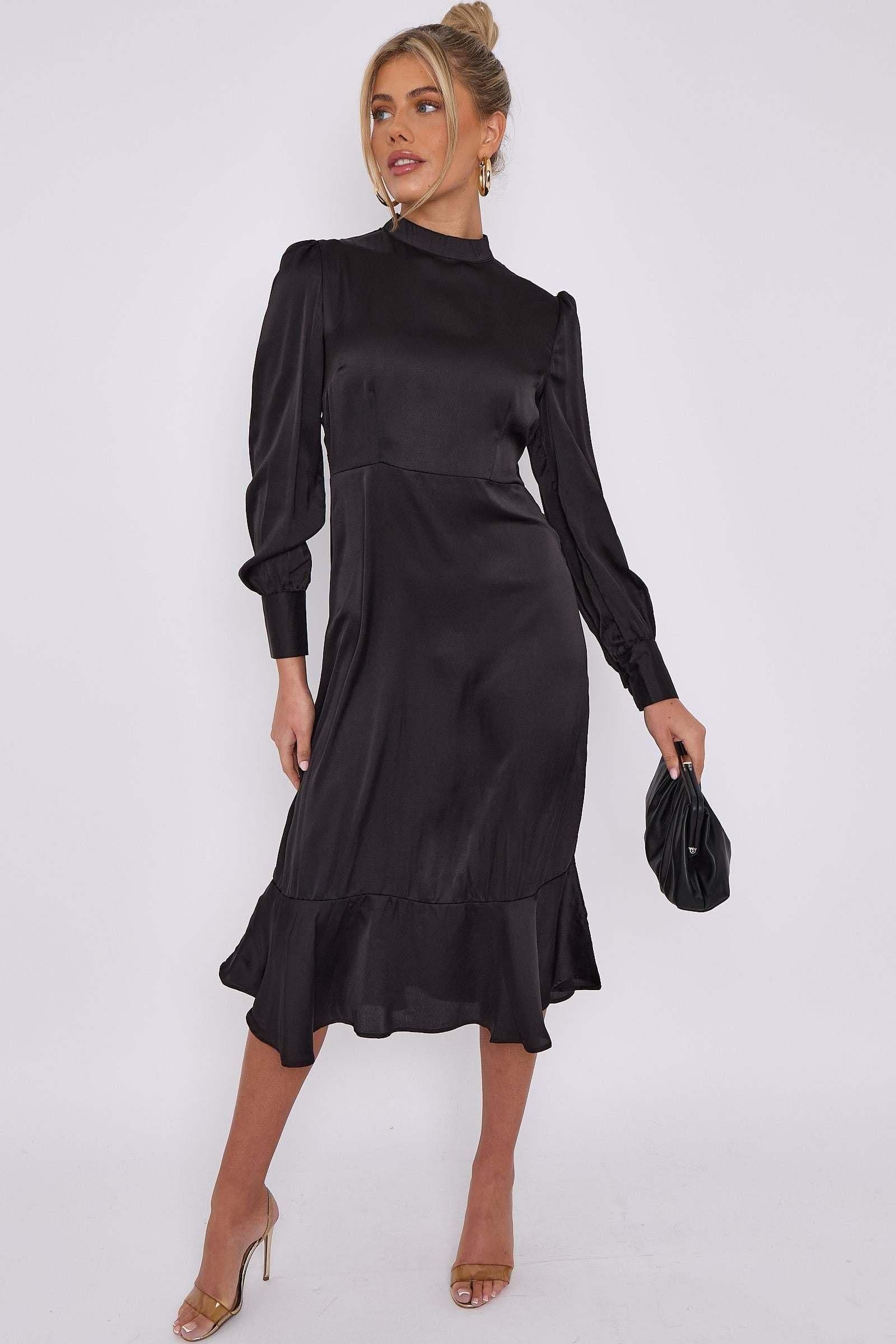 Satin Frilled Hem Midi Dress
