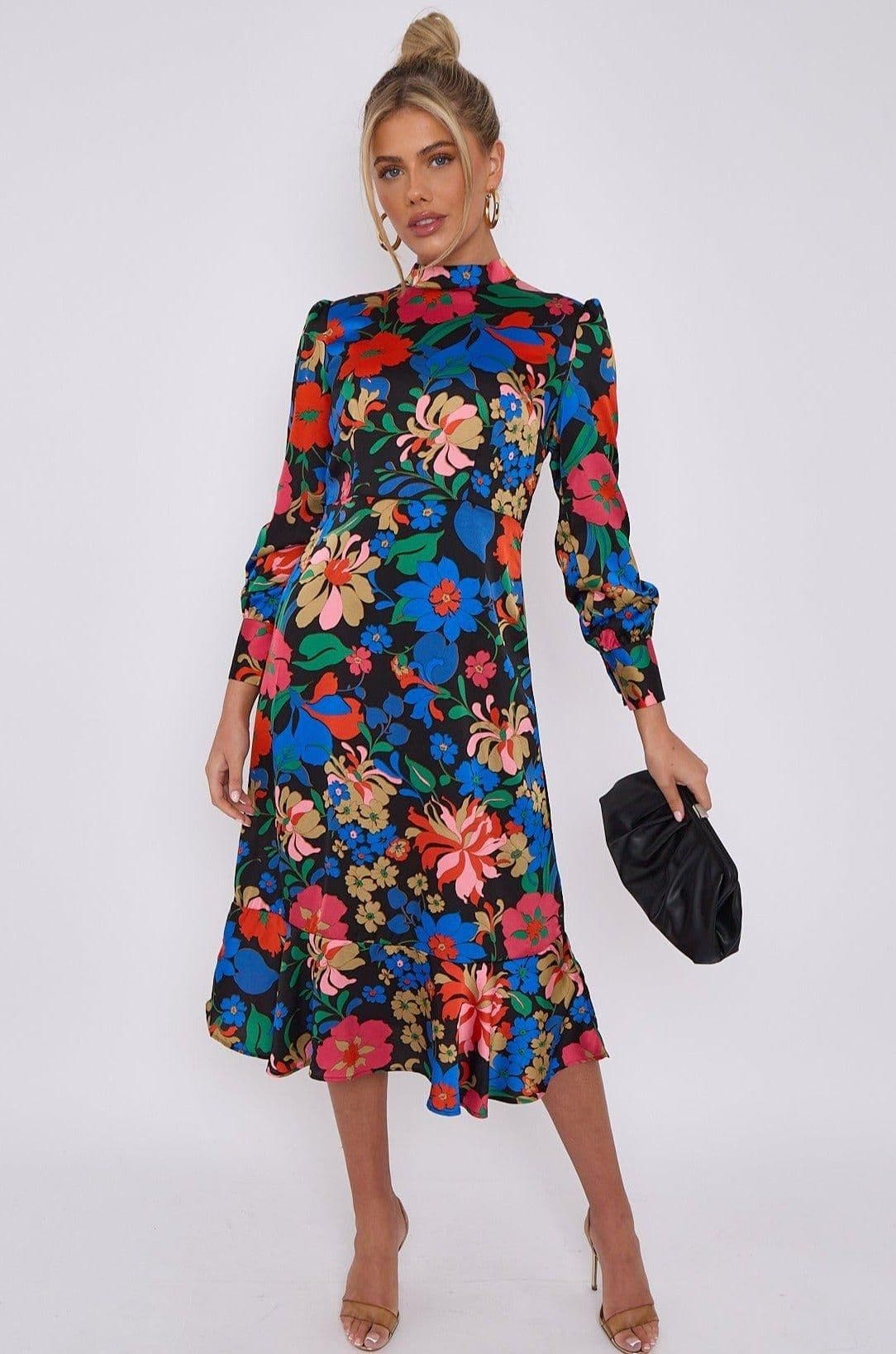 Floral Print Bubble Satin Frilled Hem Midi Dress