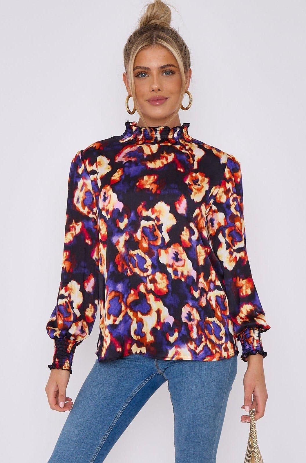 Abstract Floral Print Satin Chiffon Top