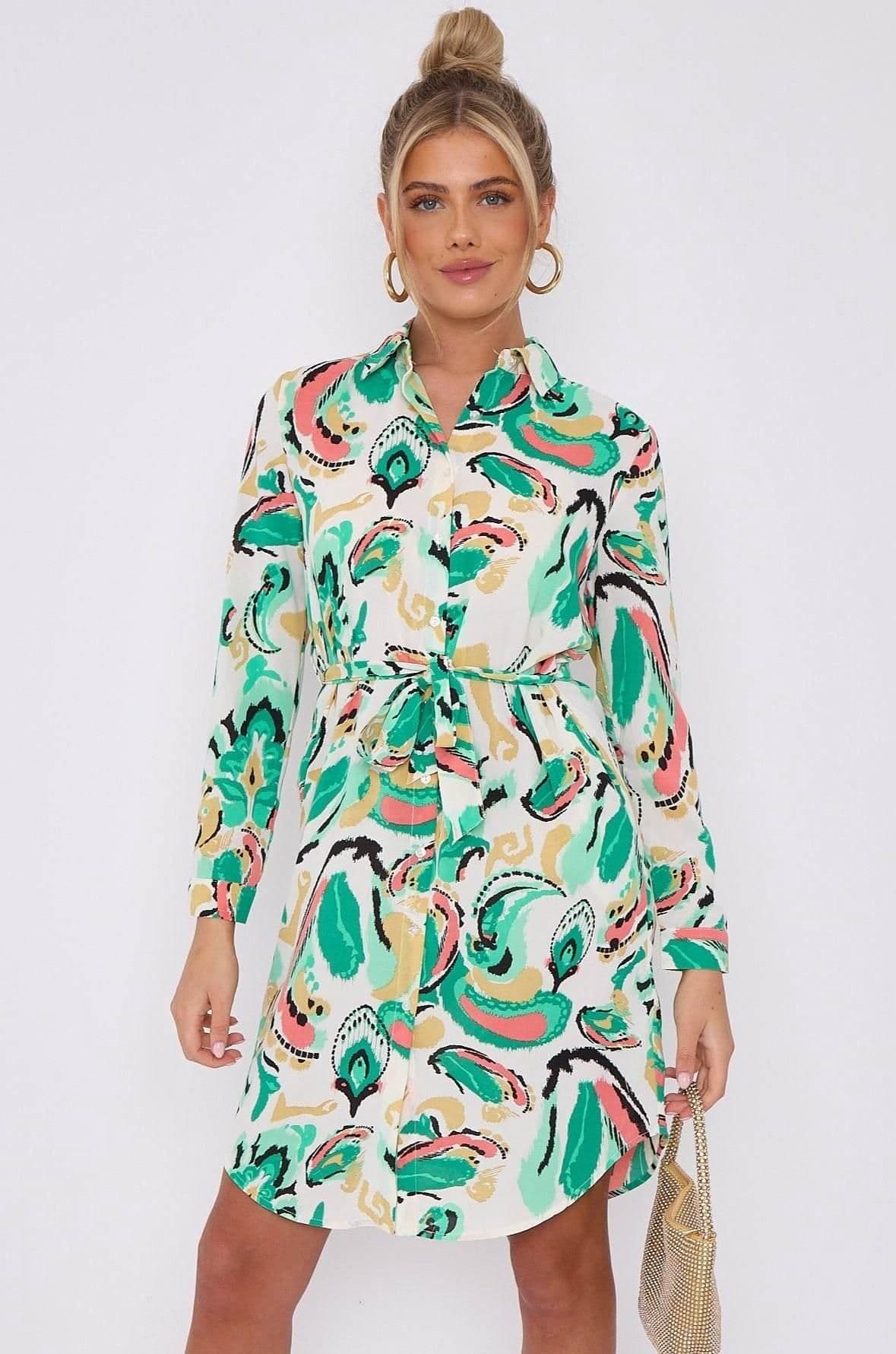 Green Paisley Print Mini Shirt Dress