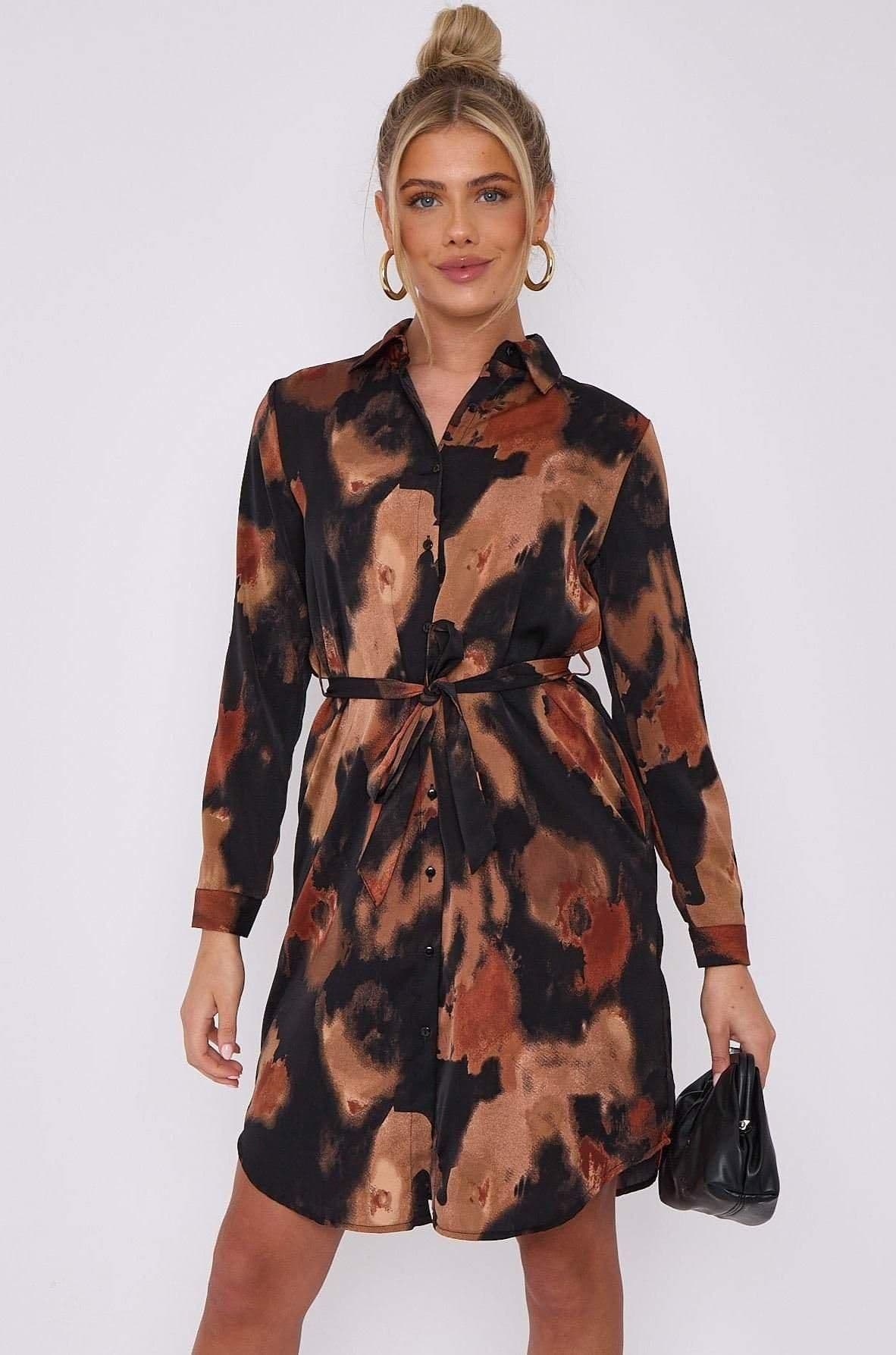 Brown Abstract Print Mini Shirt Dress