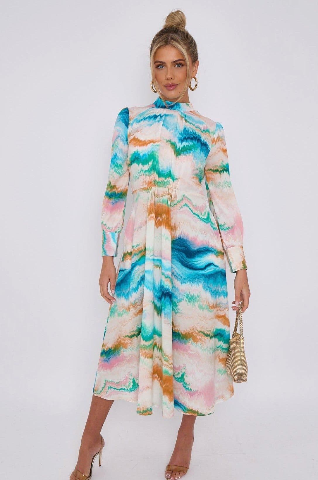Pink Multi Print Pleated Skirt High Neck Midi Dress