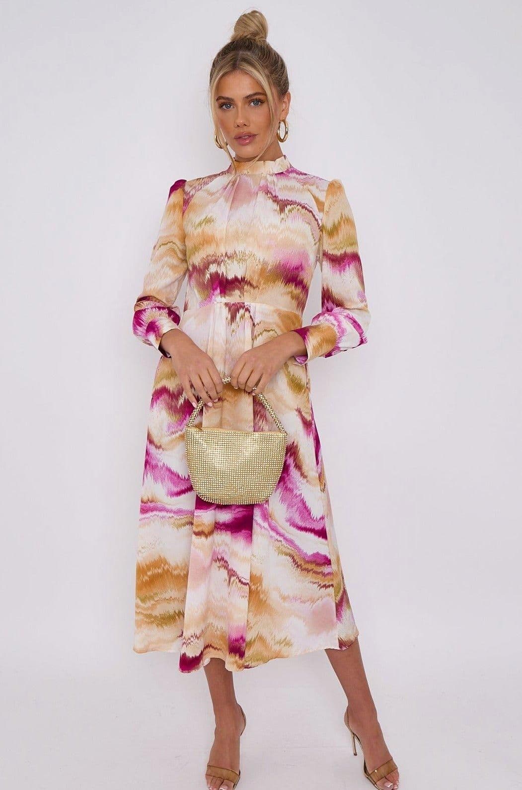 Magenta Multi Print Pleated Skirt High Neck Midi Dress
