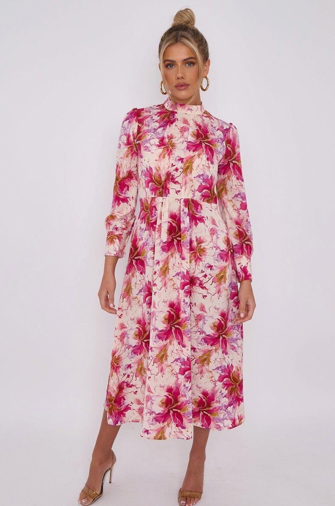 Floral Print Pleated Skirt High Neck Midi Dress