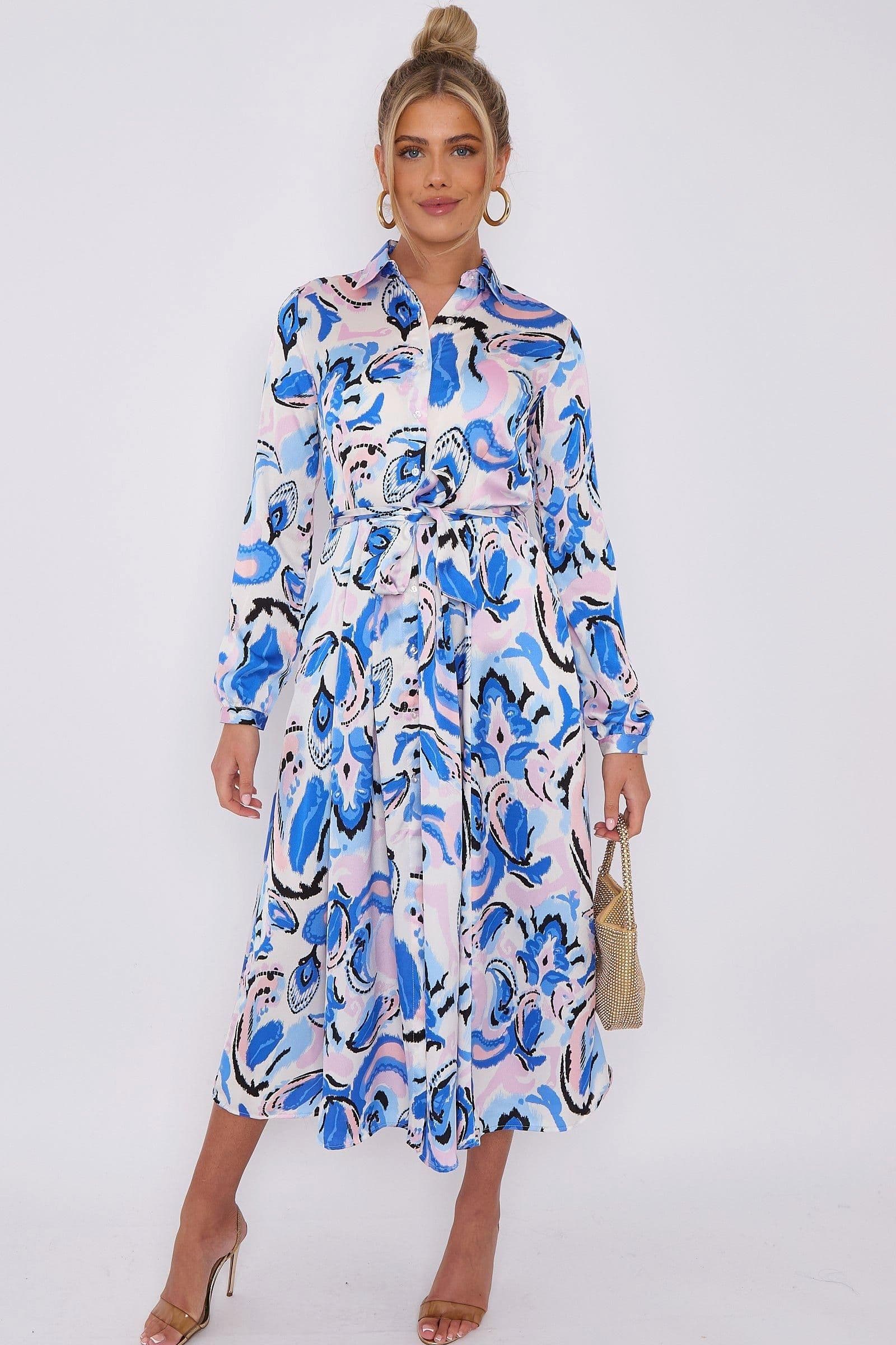 Blue Paisley Print Satin Midaxi Shirt Dress