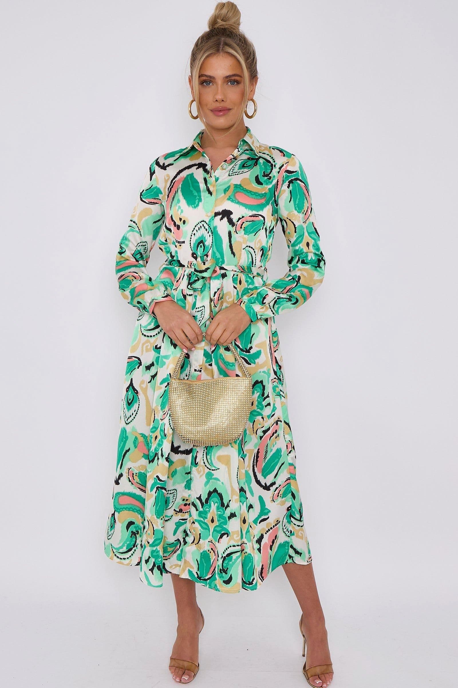 Green Paisley Print Satin Midaxi Shirt Dress
