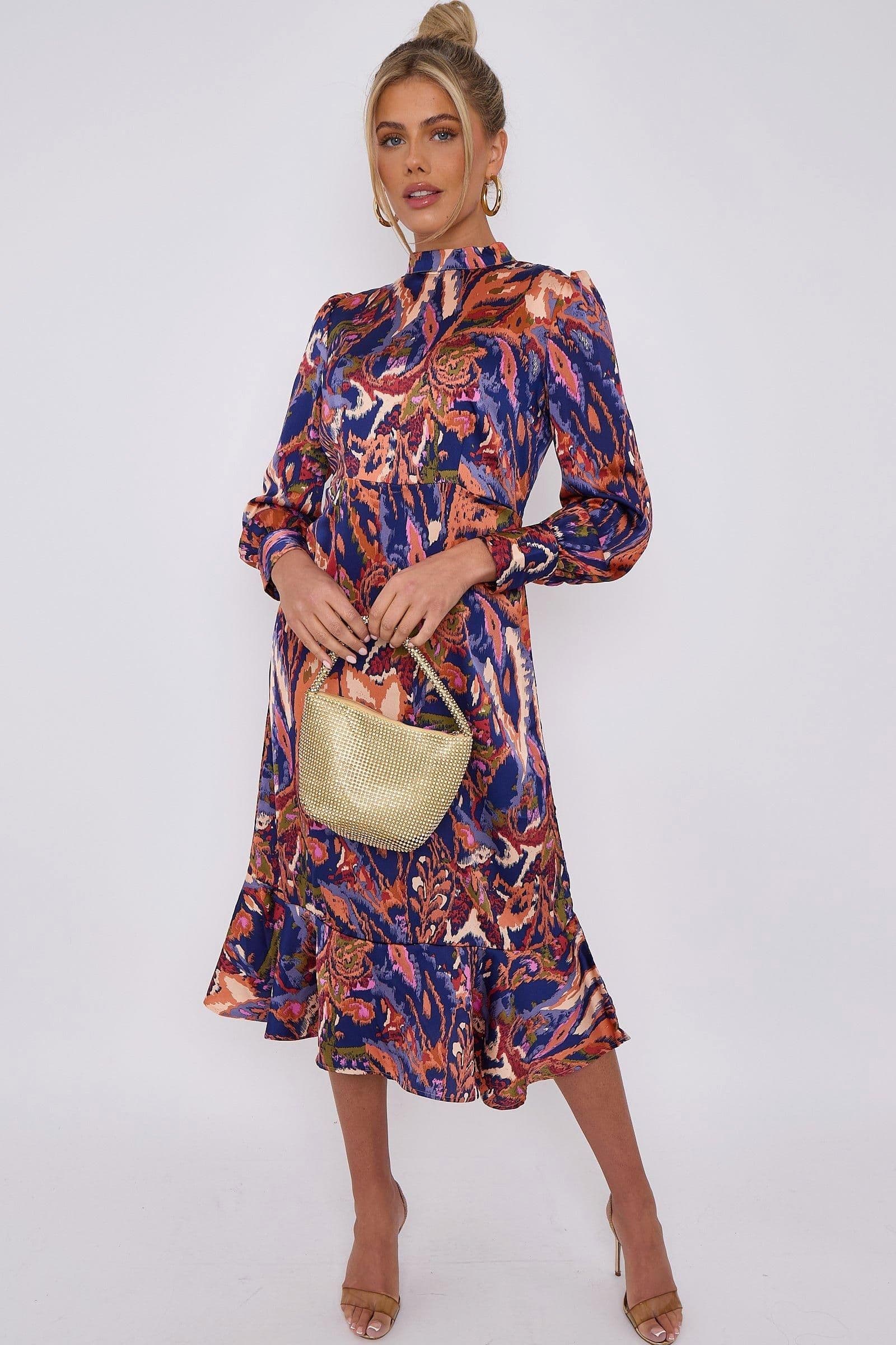 Rust Abstract Print Satin Frilled Hem Midi Dress