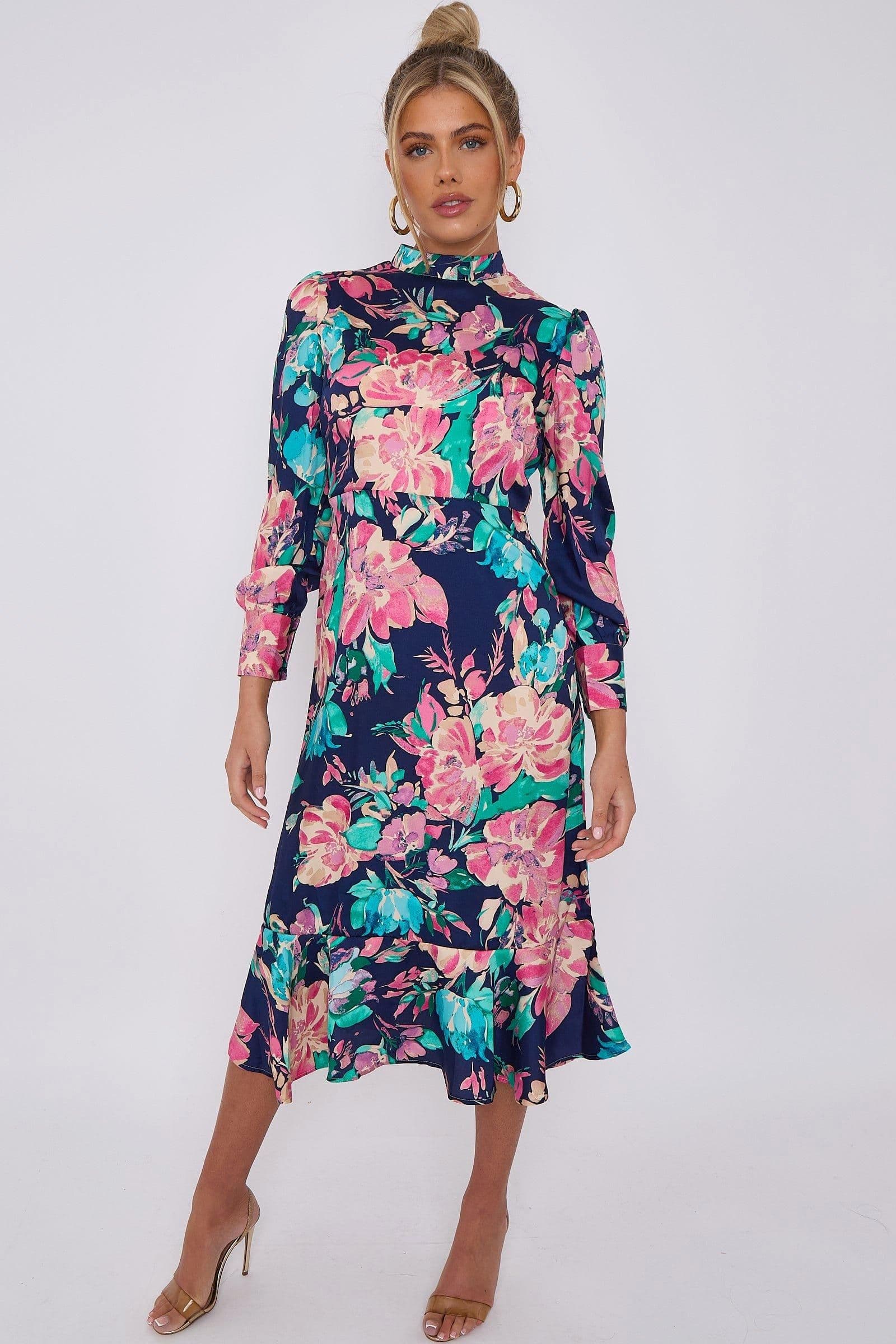 Floral Print Twill Satin Frilled Hem Midi Dress