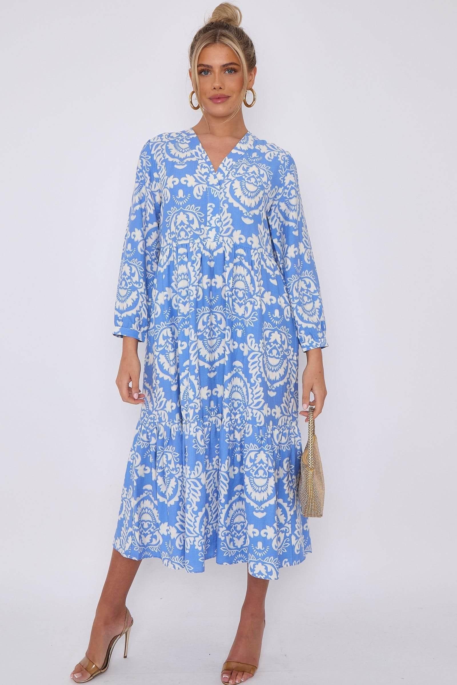Pattern Print Bamboo Textured Smock Midi Dress