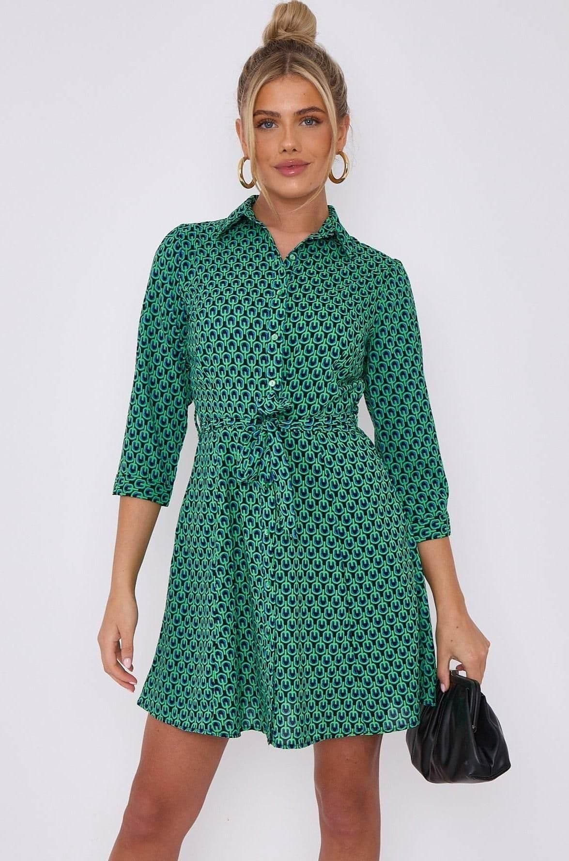 Geo Print Belted Mini Shirt Dress