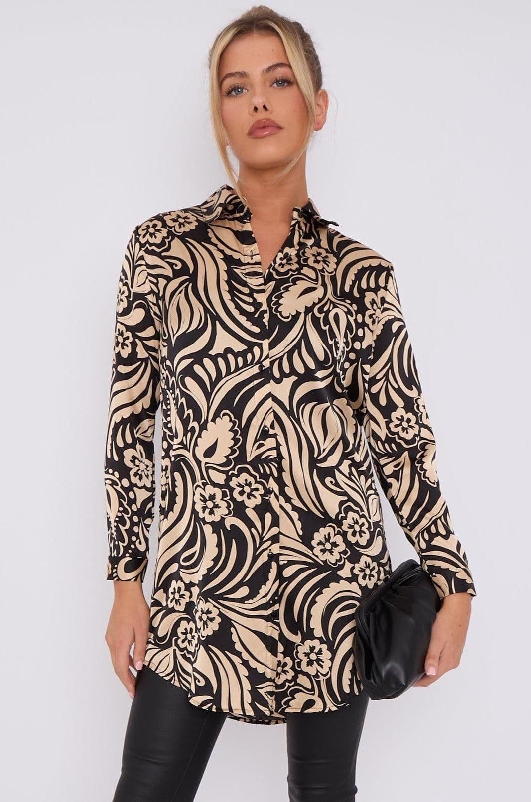 Beige Paisley Print Satin Long Shirt