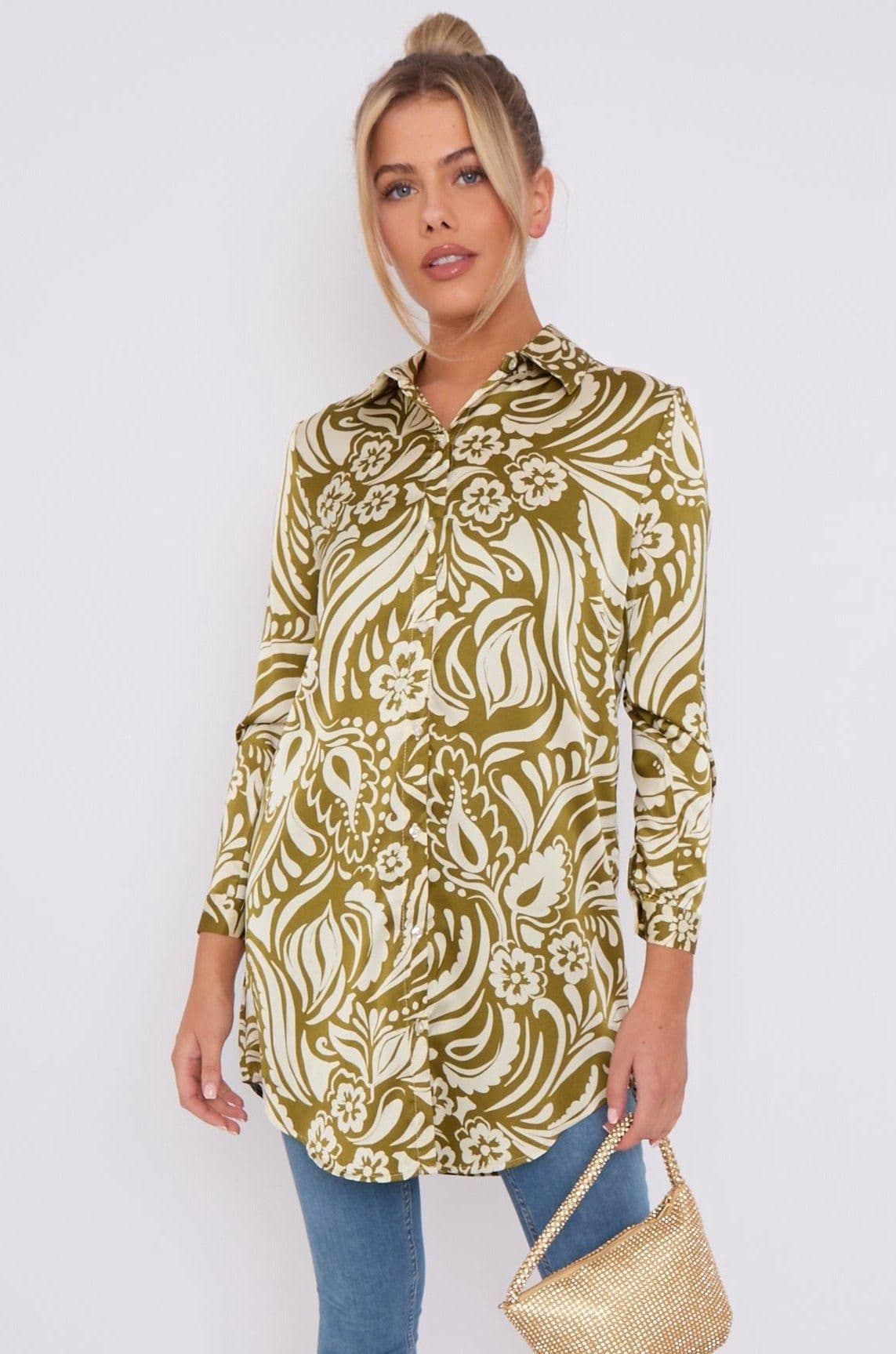 Olive Green Paisley Print Satin Long Shirt