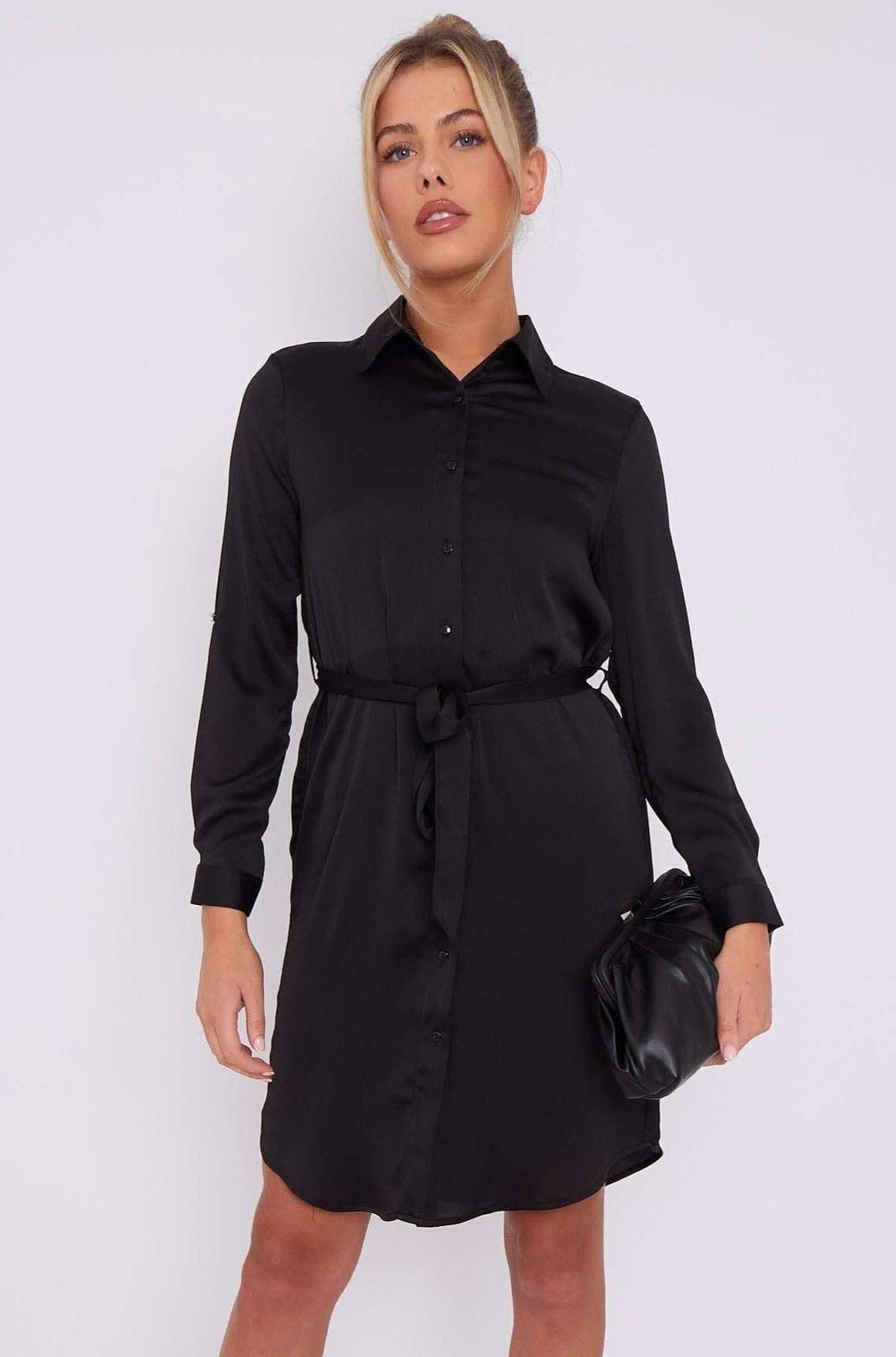 Belted Layer Satin Mini Shirt Dress