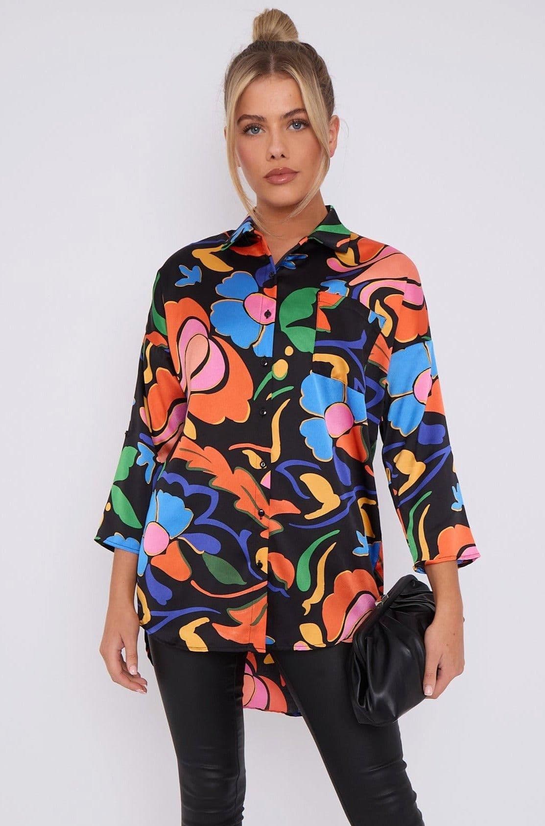Abstract Floral Print Satin Oversized Shirt