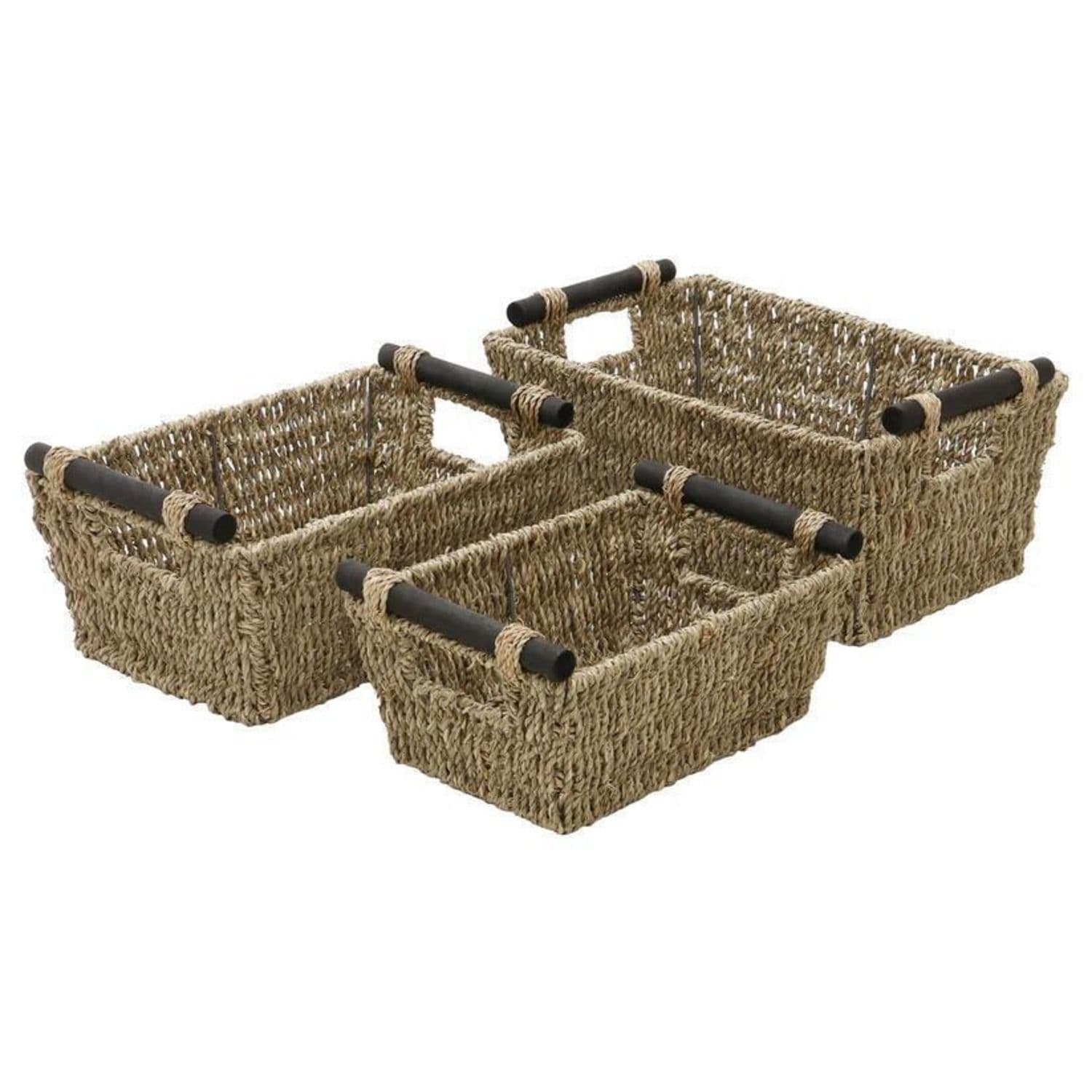 Seagrass Storage Baskets Wooden Handles Set 3 Decorative Wicker Baskets