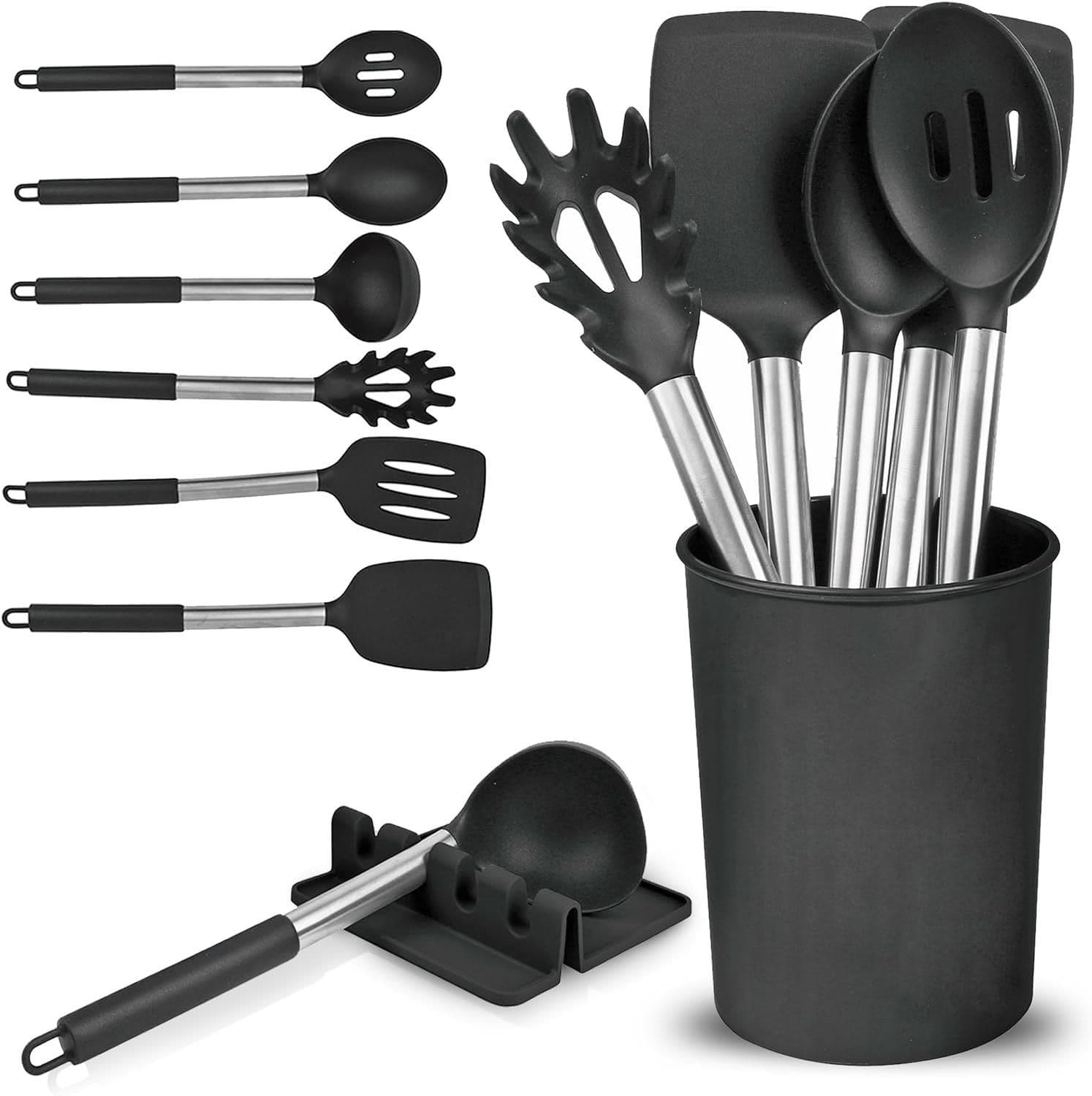 Kitchen Utensils Set Holder & Drip Pad Silicone Cooking Utensil 8pc Set