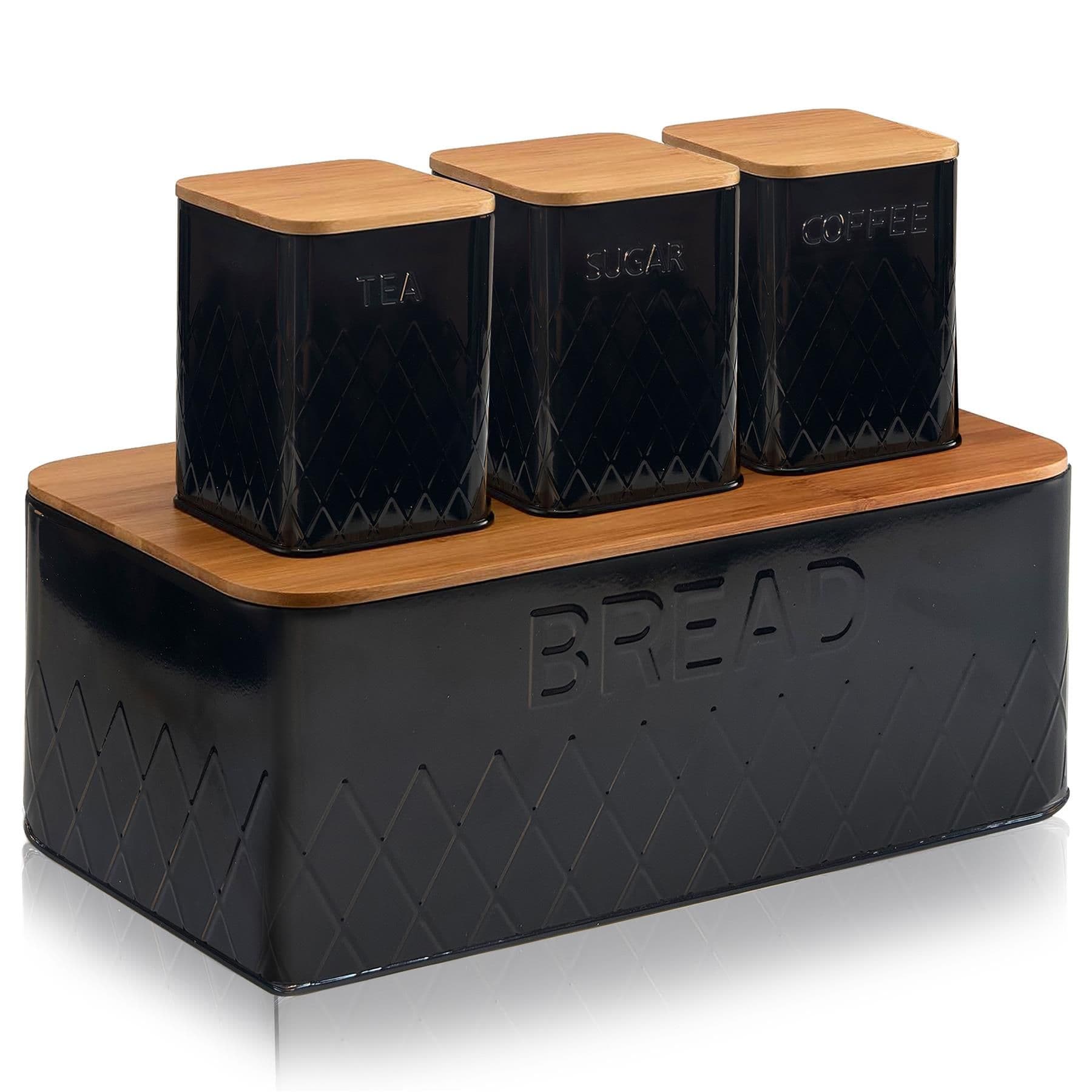 4PCS Kitchen Bread Bin Canister Set Bamboo Lid Kitchen Storage Tea Coffee Sugar Container