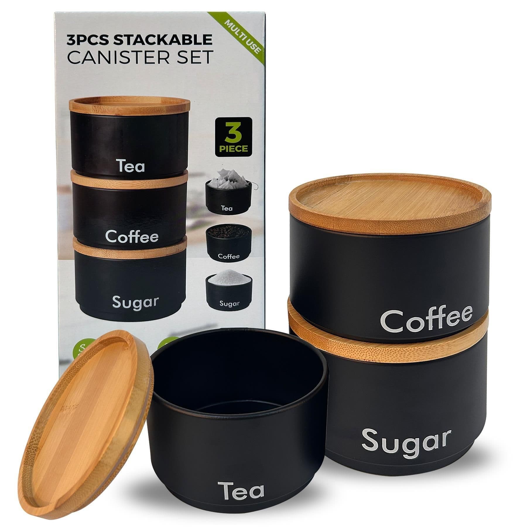 3PCS Tea Coffee Sugar Canisters Set Kitchen Containers Set Food Storage Tins Bamboo Lids