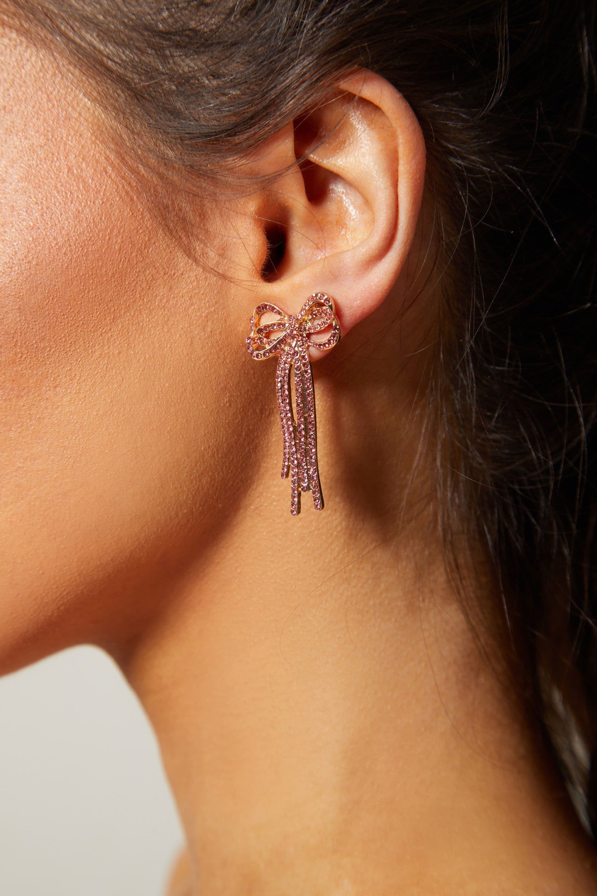 Pink Beaded Bow Earrings