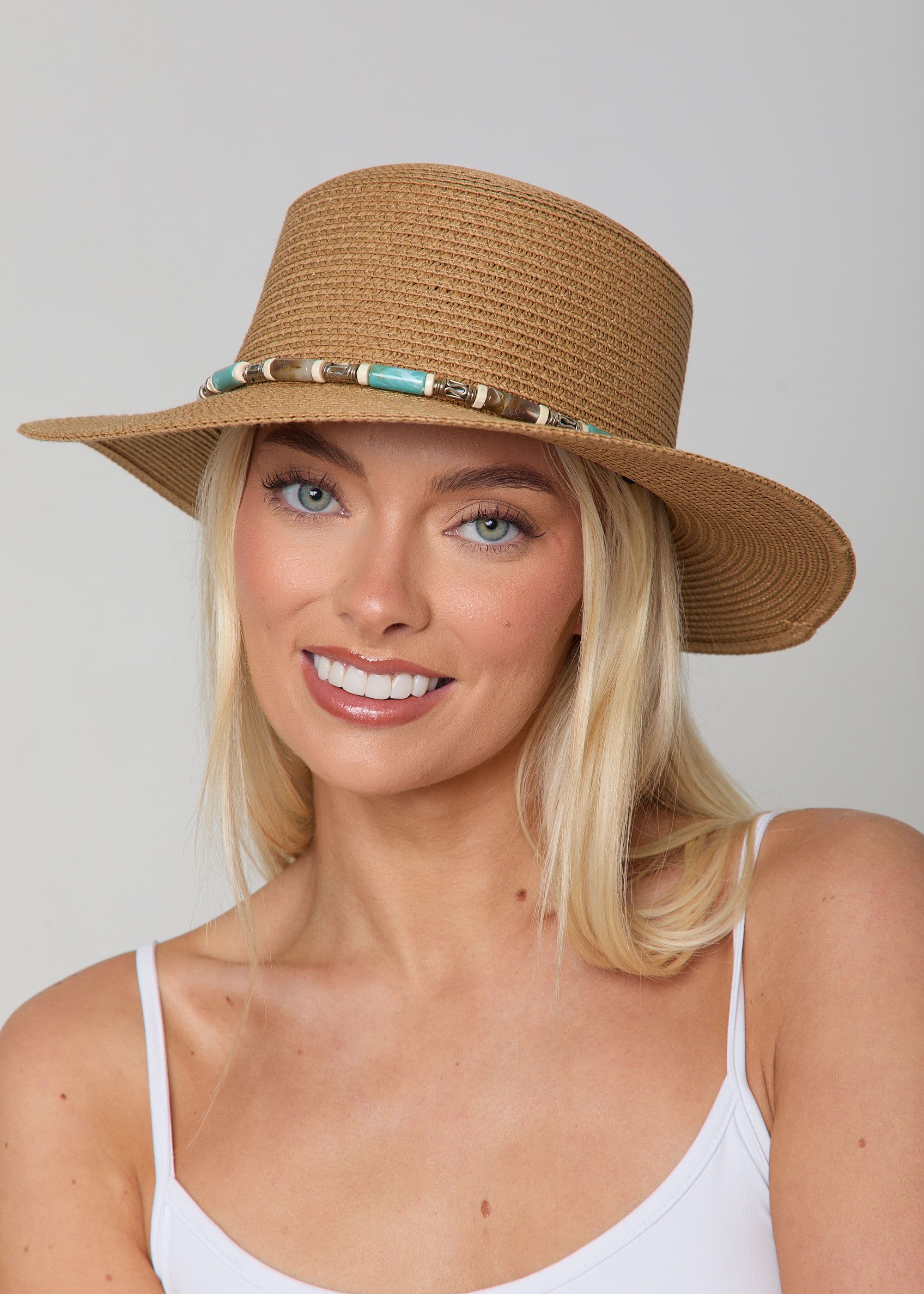 Madein Women's Straw Detailed Trim Boater Hat in Natural