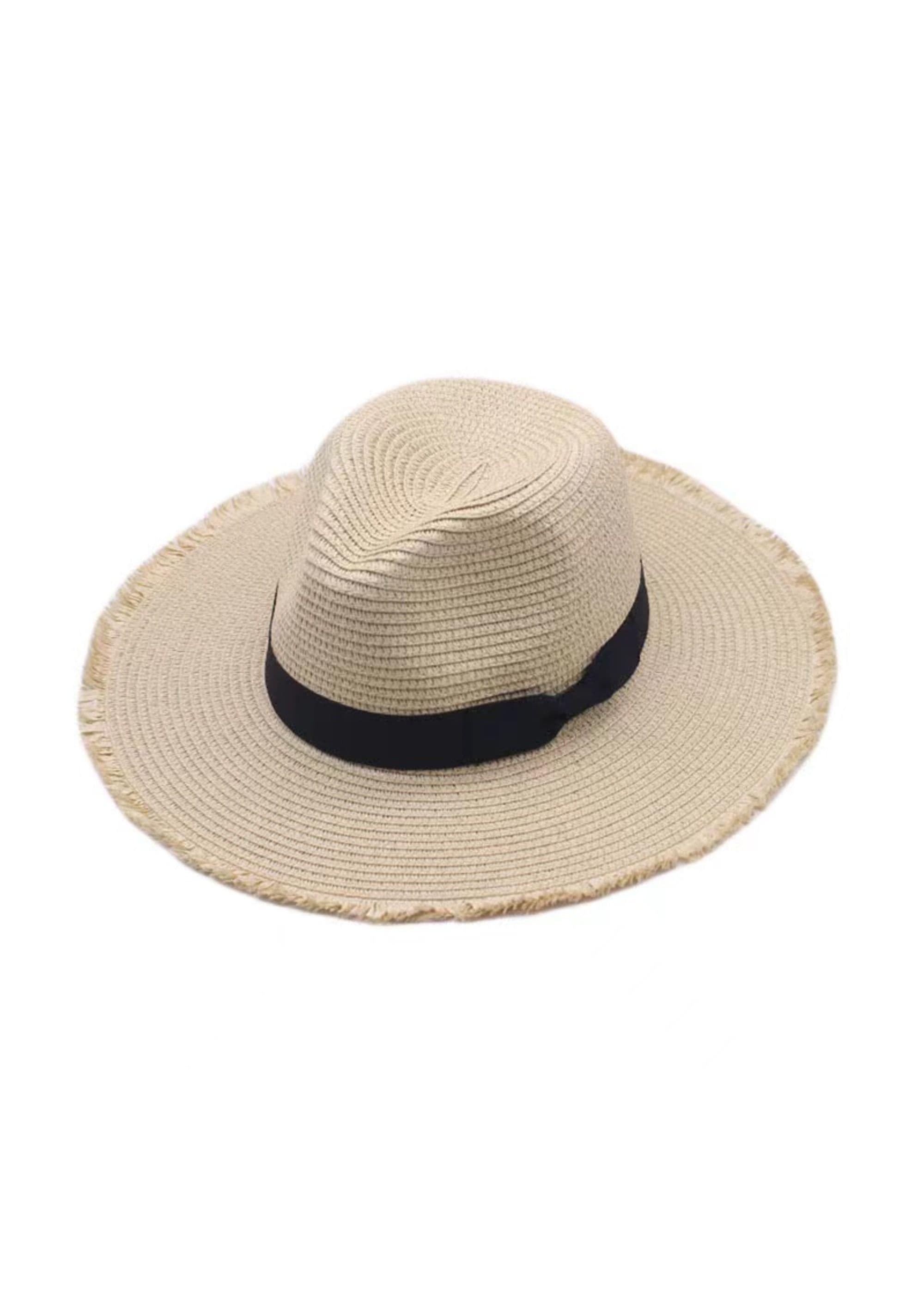 Madein Women's Black Ribbon Detail Fedora With Frayed Edge in Natural