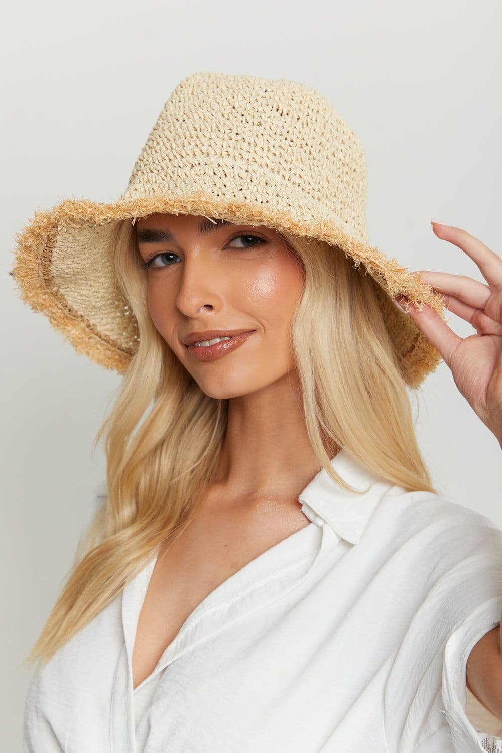 Cream Frayed Edge Straw Bucket Hat