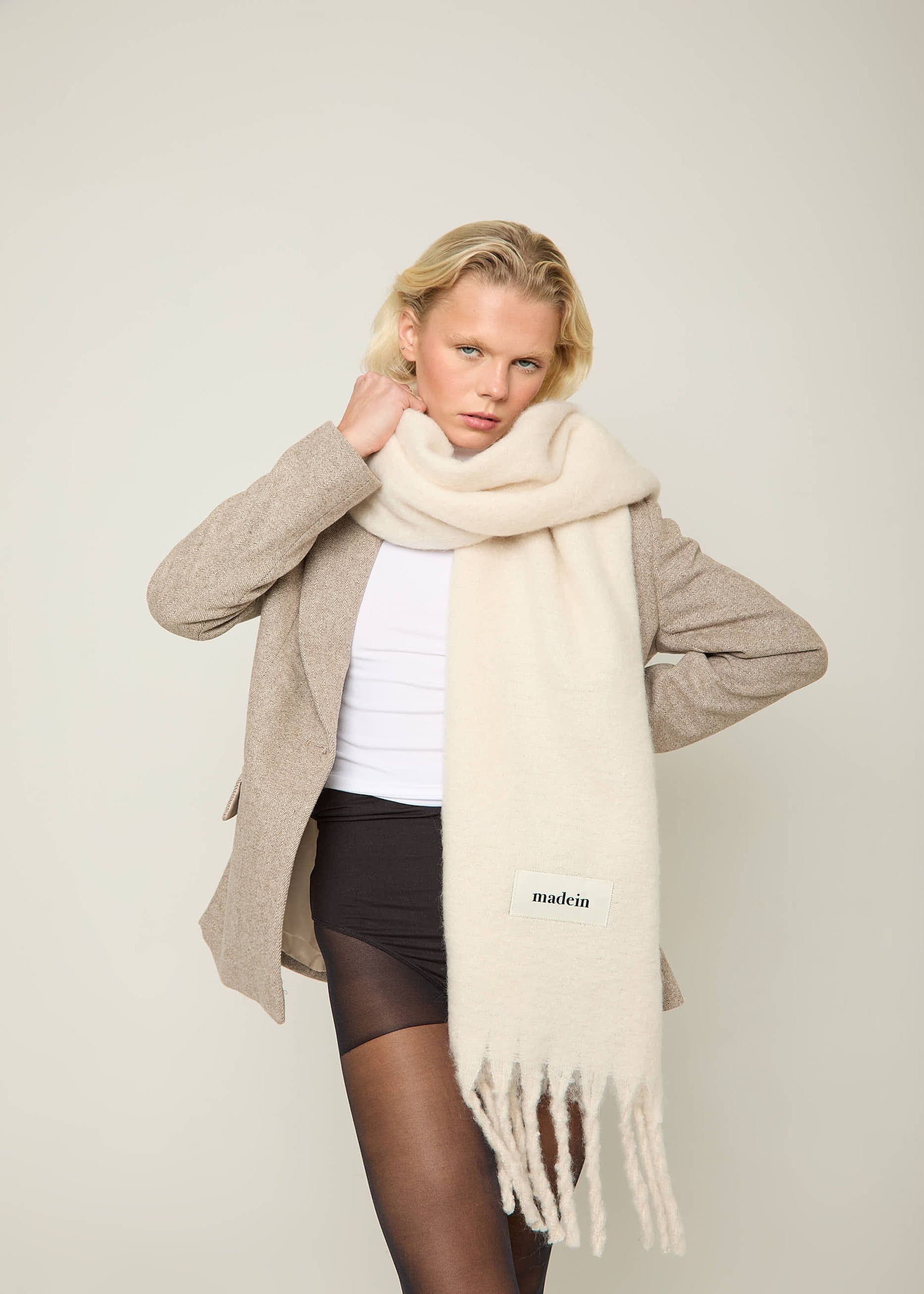 Madein Women's Boucle Knit Hanna Tassel Blanket Scarf in Cream