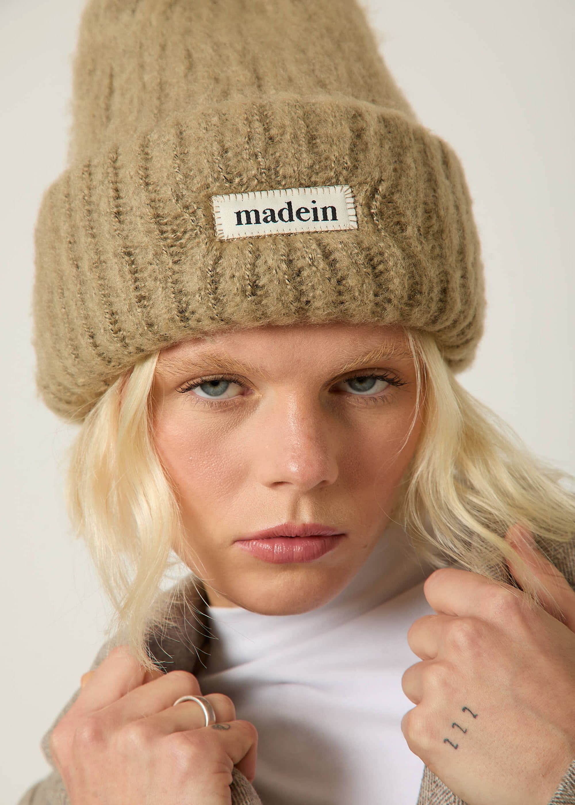 Madein Women's Boucle Knit Kiersten Beanie in Beige