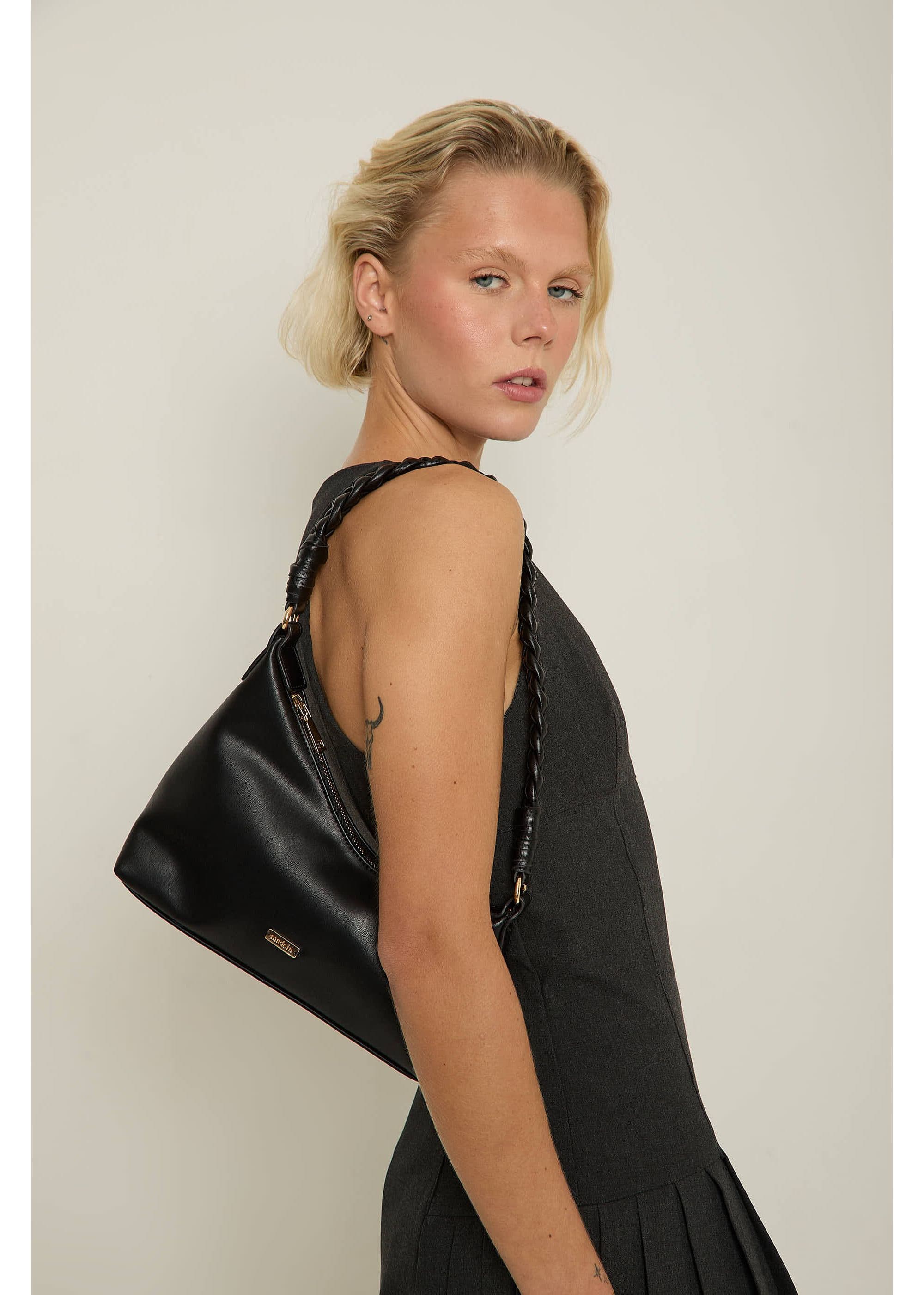 Madein Women's Asymmetric Braided Gia Shoulder Bag in Black