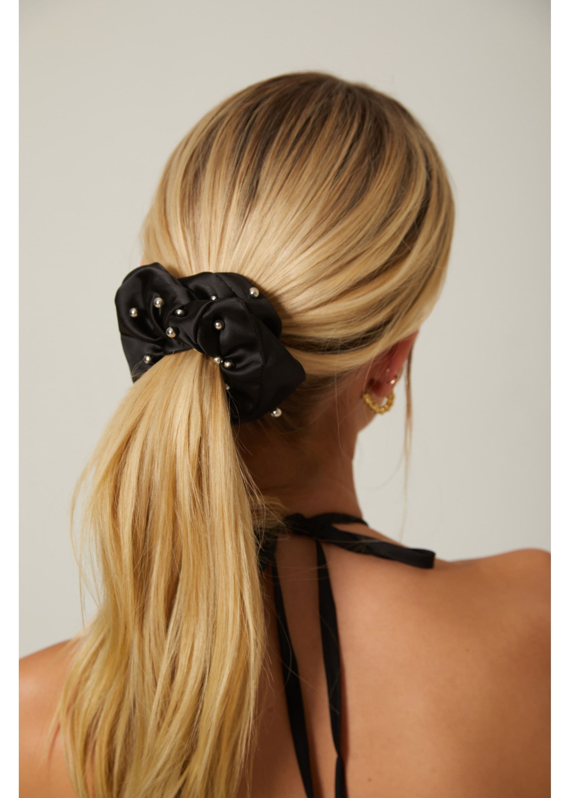 Madein Women's Pearl Embellished Scrunchie in Black