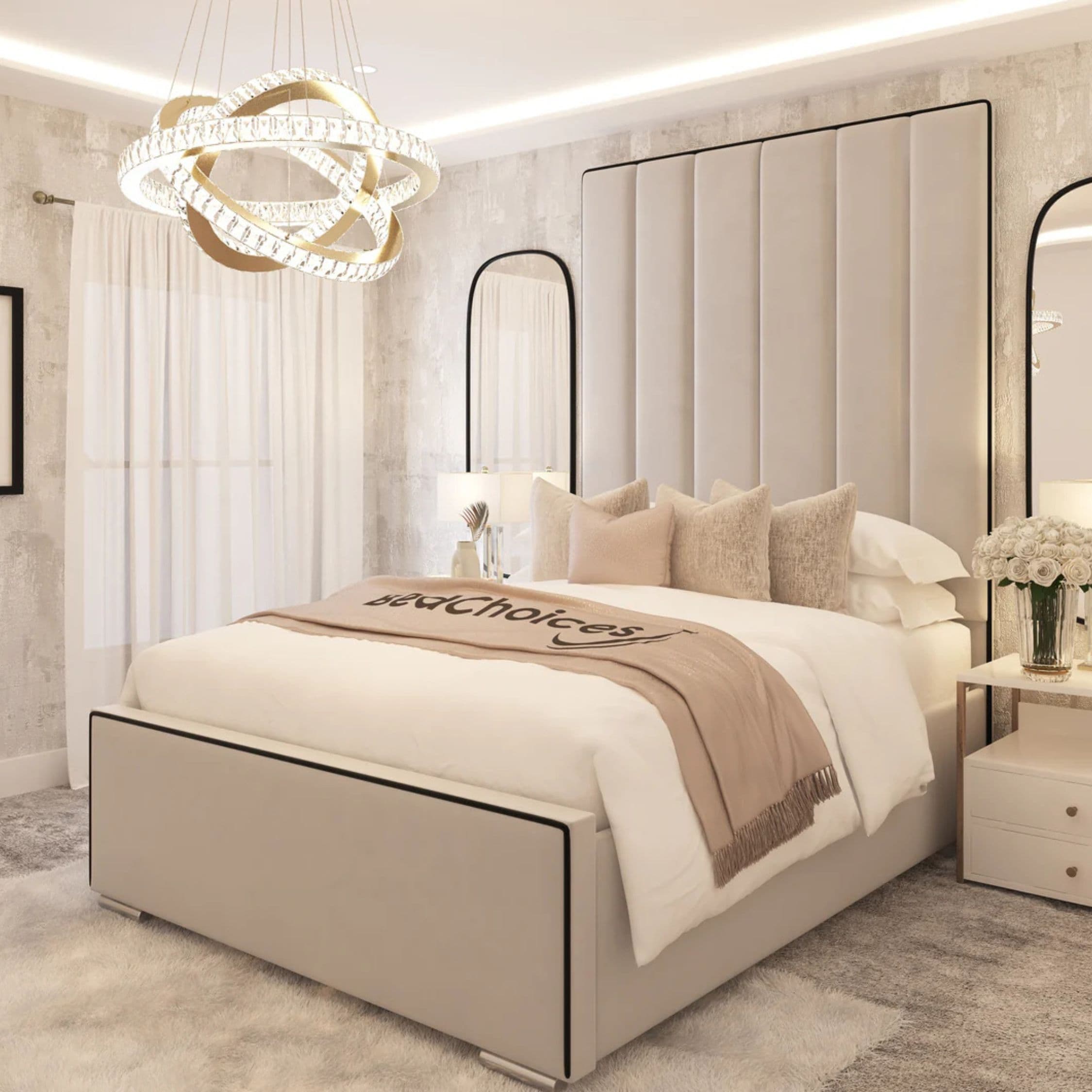 Herringbone Panelled Frame Piping &Chelsea Mattress Cream Double