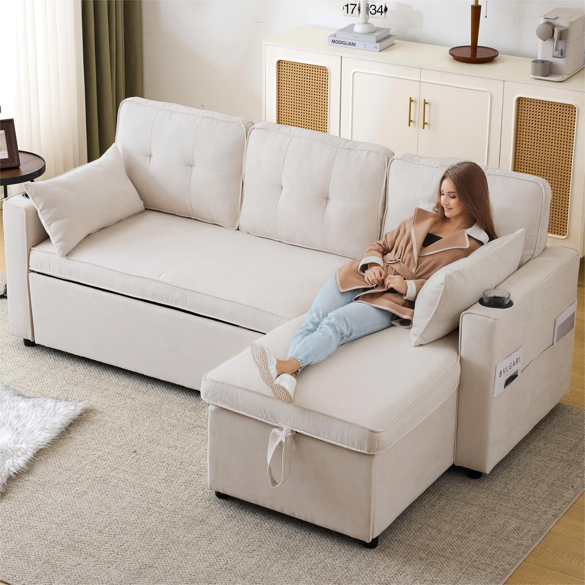 Convertible Sofa Bed Internal Storage Chaise L Shaped Sleeper