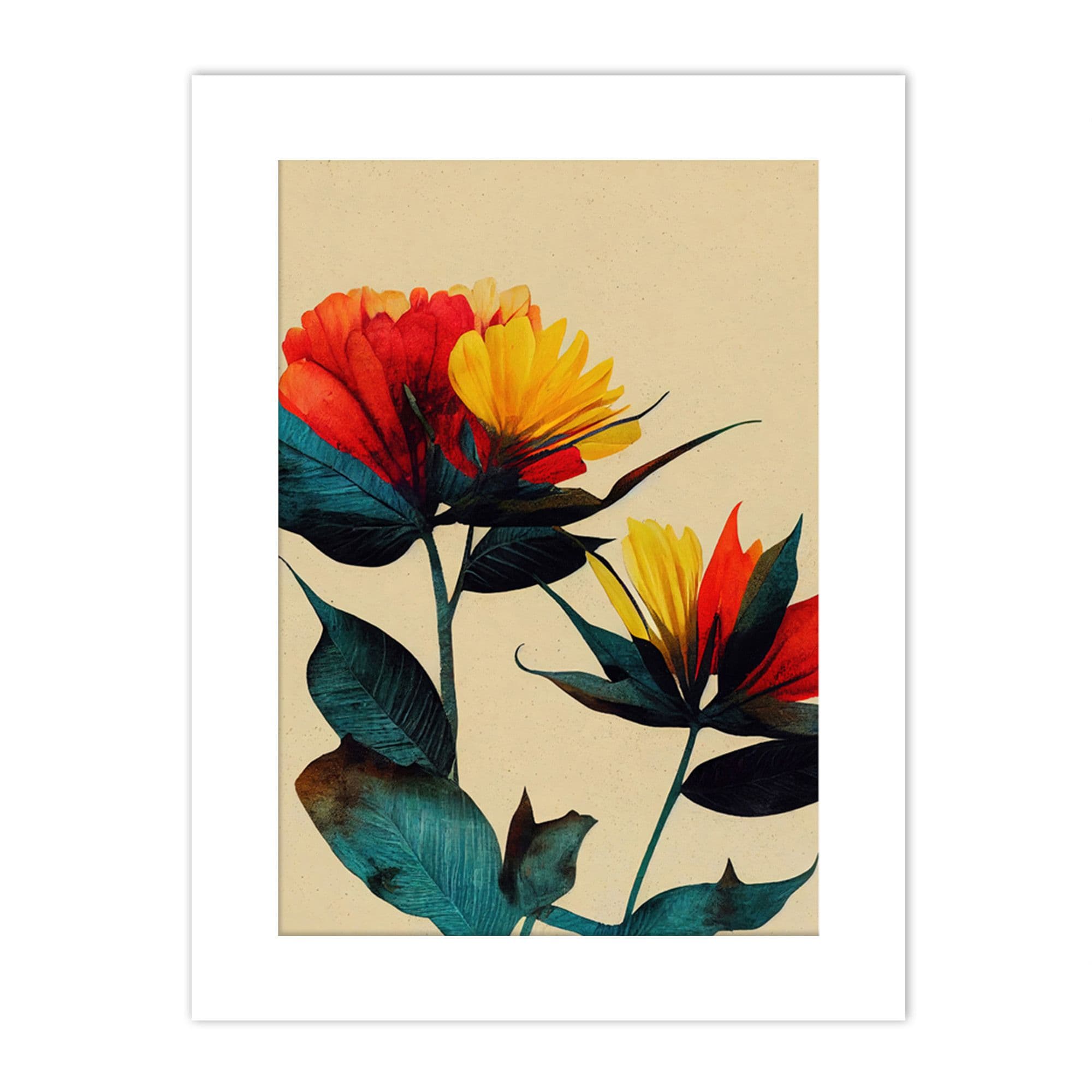 Wall Art Print Botanical Bold Flowering Yellow Red Teal With Mount
