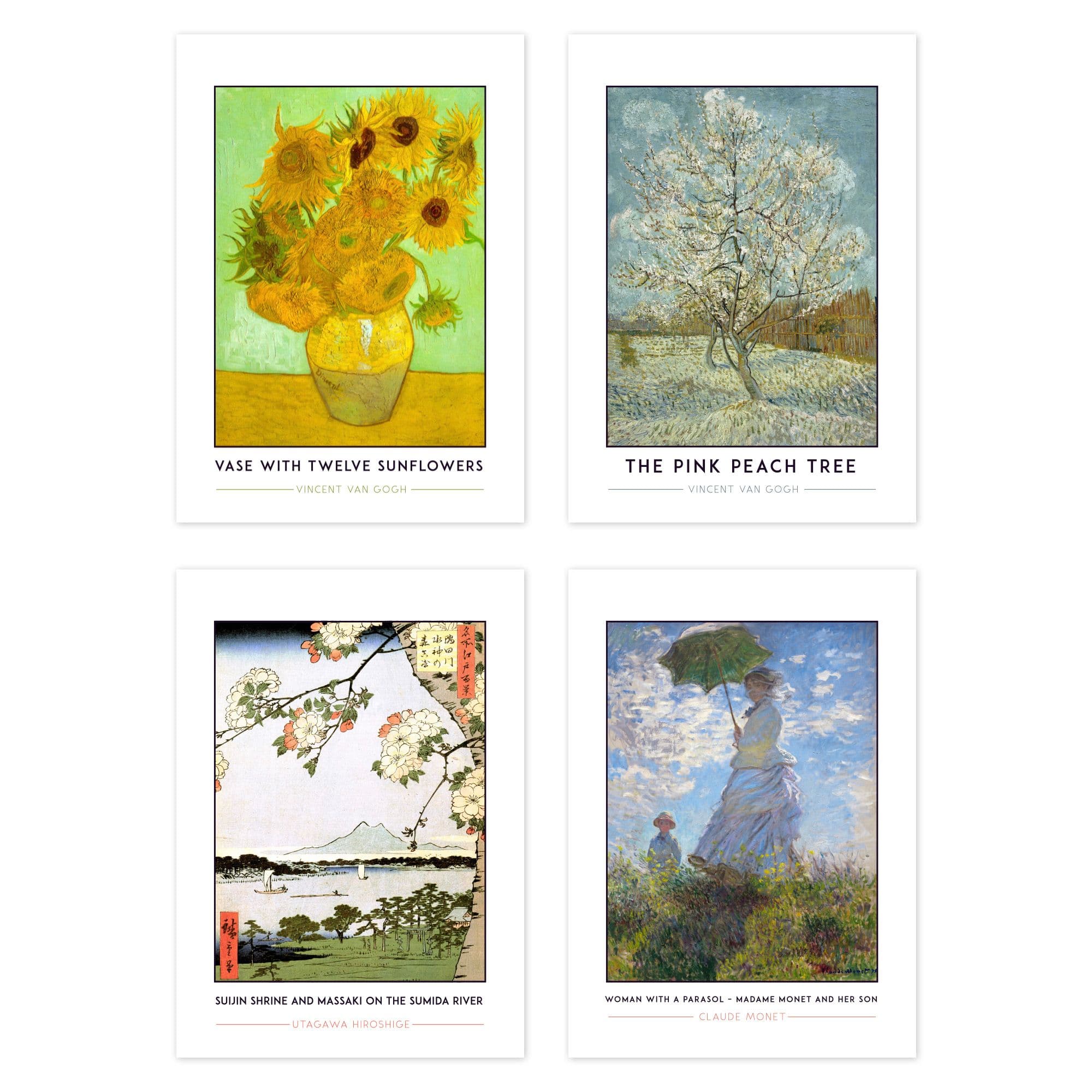Wall Art Print Classic Paintings Van Gogh Sunflowers Utagawa Suijin Shrine Monet Woman Parasol A4 Poster Pack of 4 Wall Art