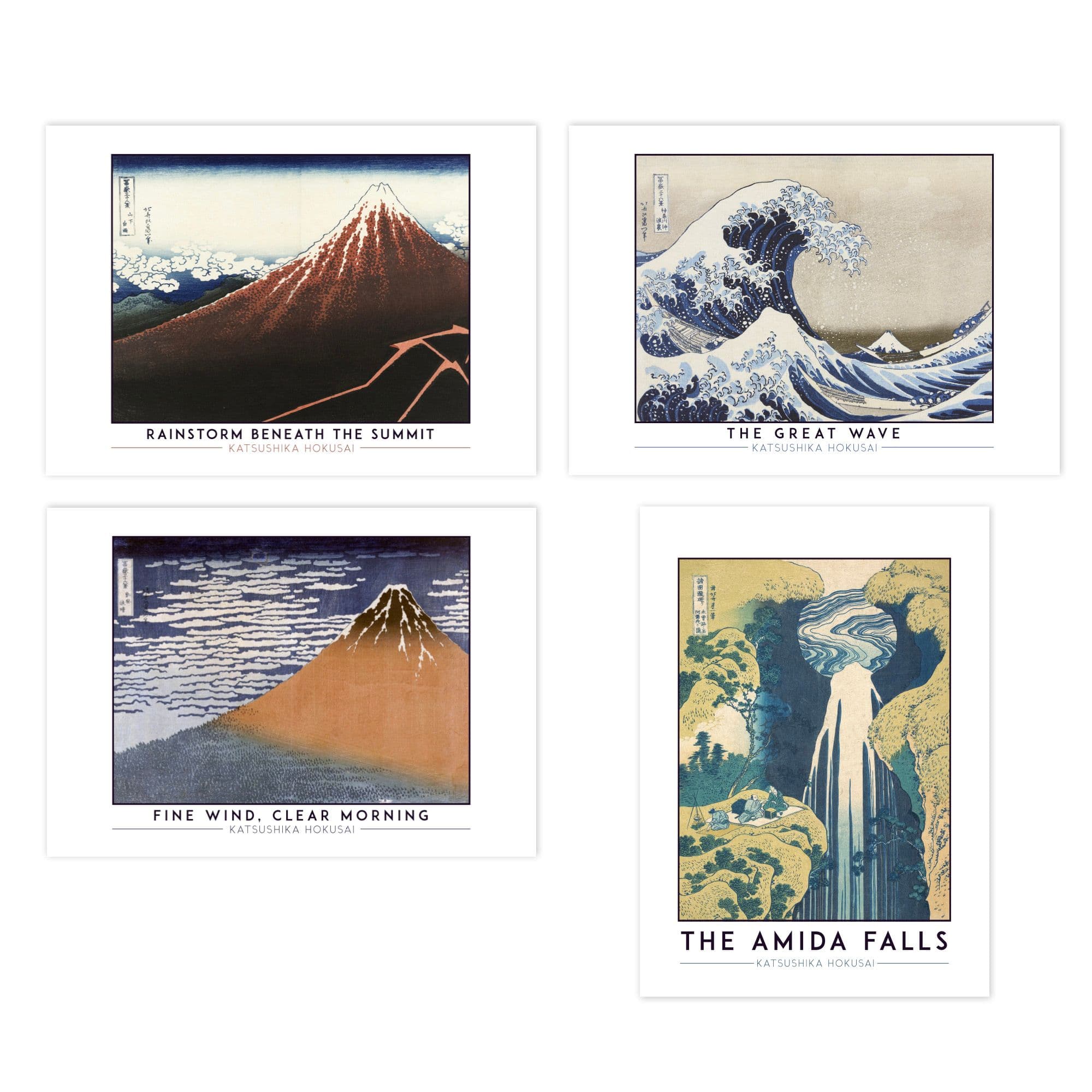 Wall Art Print Classic Paintings Hokusai Mount Fuji Great Wave Amida Falls Rainstorm Summit Fine Wind Clear Morning A4 Poster Pack of 4 Wall Art