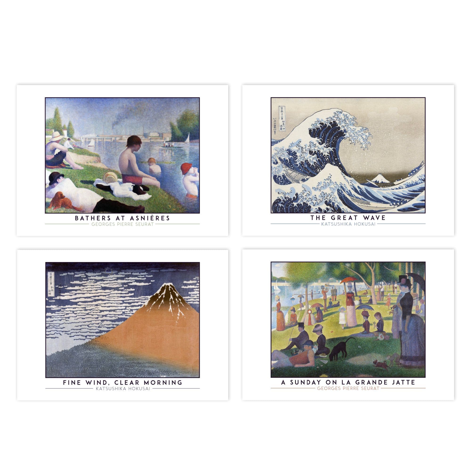 Wall Art Print Classic Paintings Seurat Bathers Asnières Sunday La Grande Jatte Hokusai Great Wave Mount Fuji A4 Poster Pack of 4 Wall Art