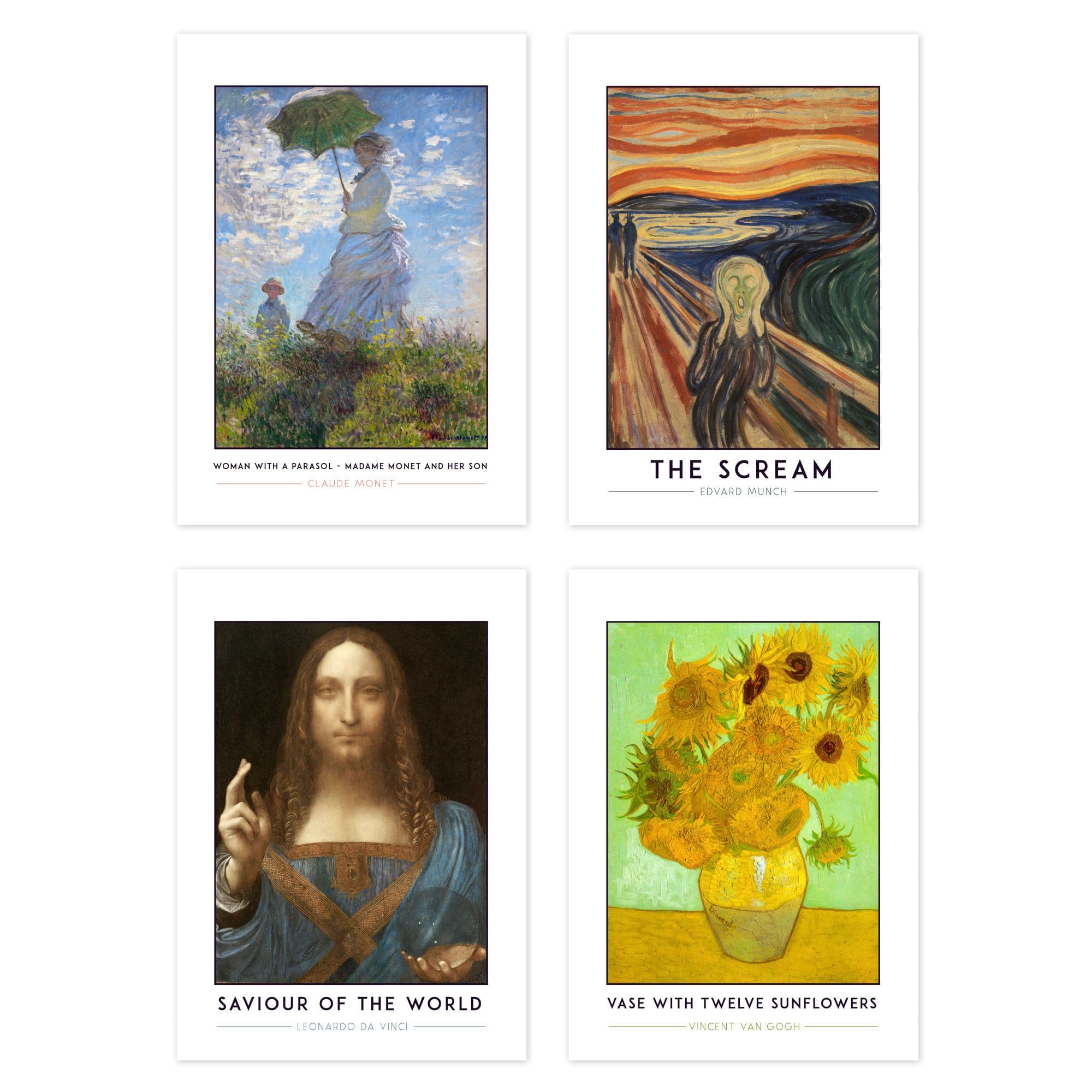 Wall Art Print Classic Paintings Monet Woman Parasol Munch Scream Da Vinci Jesus Saviour World Salvator Mundi Van Gogh Twelve Sunflowers A4 Poster Pac