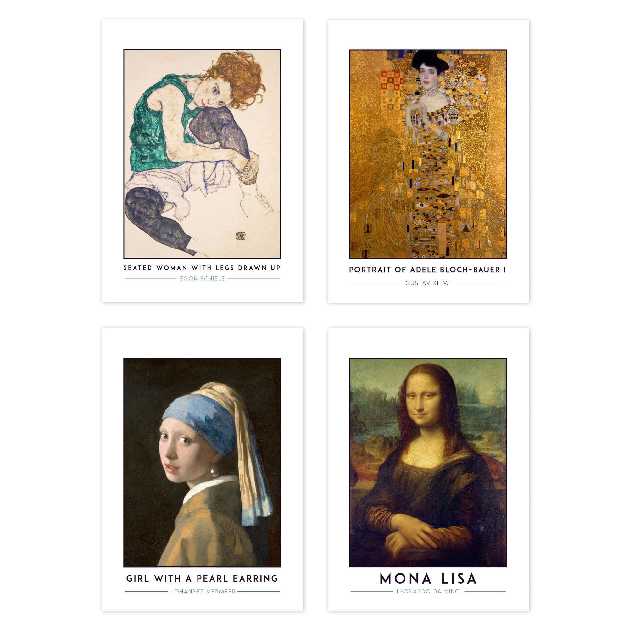 Wall Art Print Classic Paintings Schiele Seated Woman Klimt Adele Vermeer Girl Pearl Earring Da Vinci Mona Lisa A4 Poster Pack of 4 Wall Art