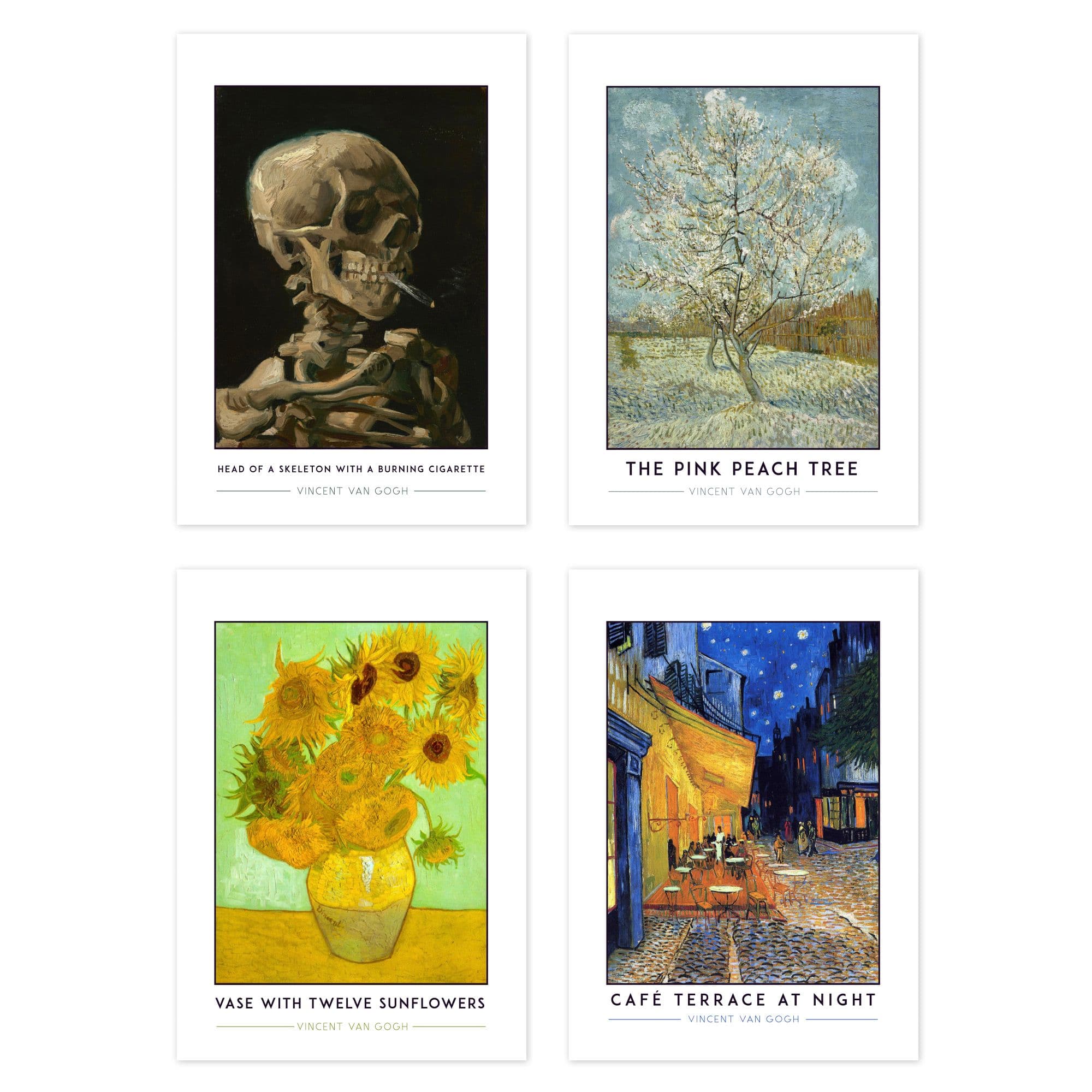 Wall Art Print Classic Paintings Van Gogh Skeleton Cigarette Pink Peach Tree Twelve Sunflowers Café Terrace A4 Poster Pack of 4 Wall Art