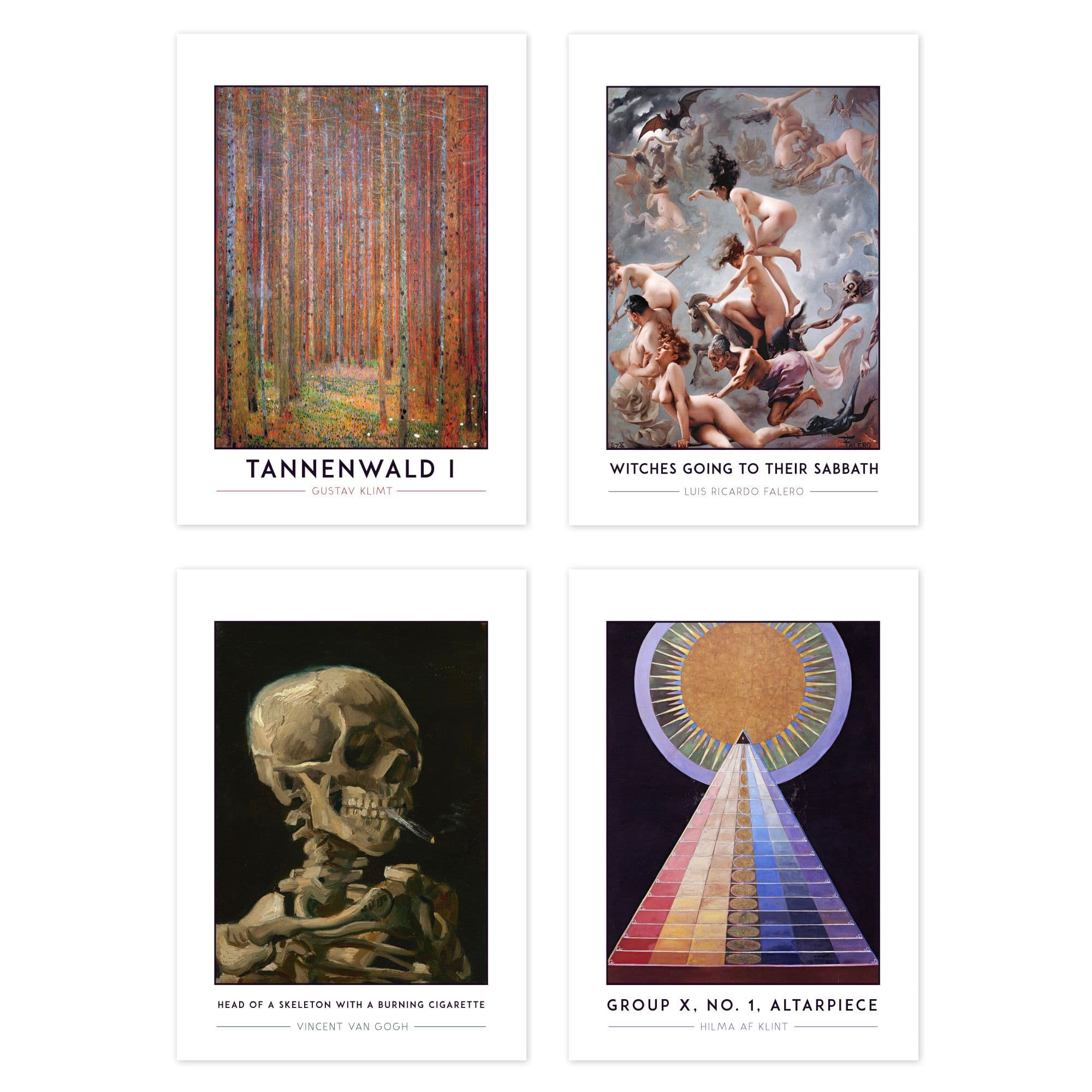 Wall Art Print Classic Paintings Klimt Tannenwald Falero Witches Sabbath Van Gogh Skeleton Cigarette Klint Altarpiece A4 Poster Pack of 4 Wall Art
