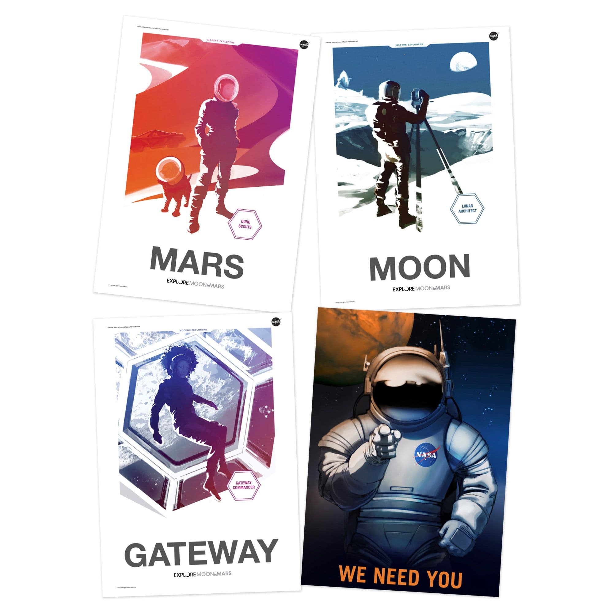 Wall Art Print NASA Modern Explorers Explore We Need You Moon to Mars Lunar Architect Dune Scout Gateway Commander A4 Poster Pack 4