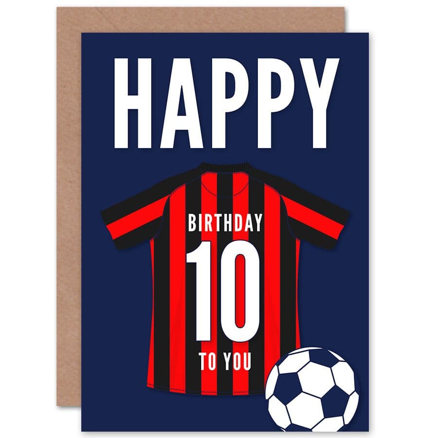 Football Fan 10th Happy Birthday Card Black Red Striped Jersey Football Top on Dark Blue Background