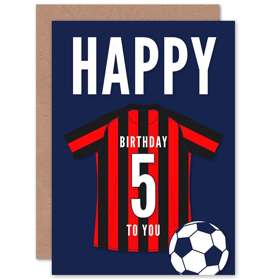 Football Fan 5th Happy Birthday Card Black Red Striped Jersey Football Top on Dark Blue Background