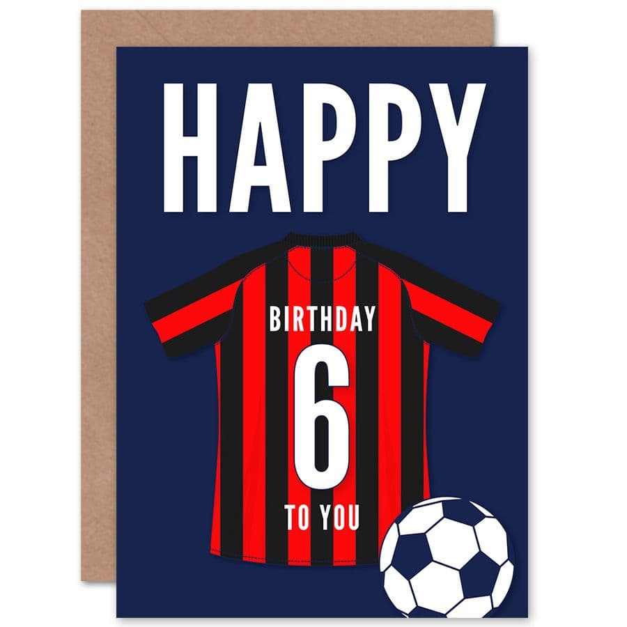 Football Fan 6th Happy Birthday Card for Boys Girls Black Red Striped Jersey Football Top on Dark Blue Background